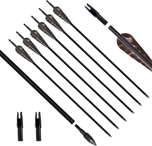 31Inch Carbon Arrow, Practice Hunting Arrows, Camo Turkey Feather Fletching, Arrows for Compound & Recurve Bow with Removable Tips Adjustable Nocks