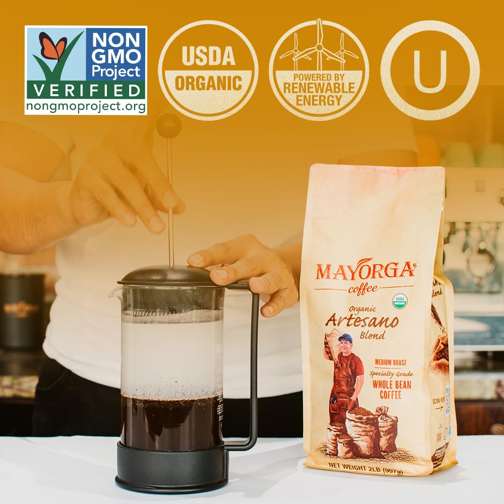 Mayorga Organic Coffee 2lb Mayan Blend - Medium Roast Whole Bean Coffee Specialty Grade, 100% Arabica, Slow Roasted, Chocolate and Floral Flavor with Low Acidity - USDA Organic, Non-GMO, Kosher