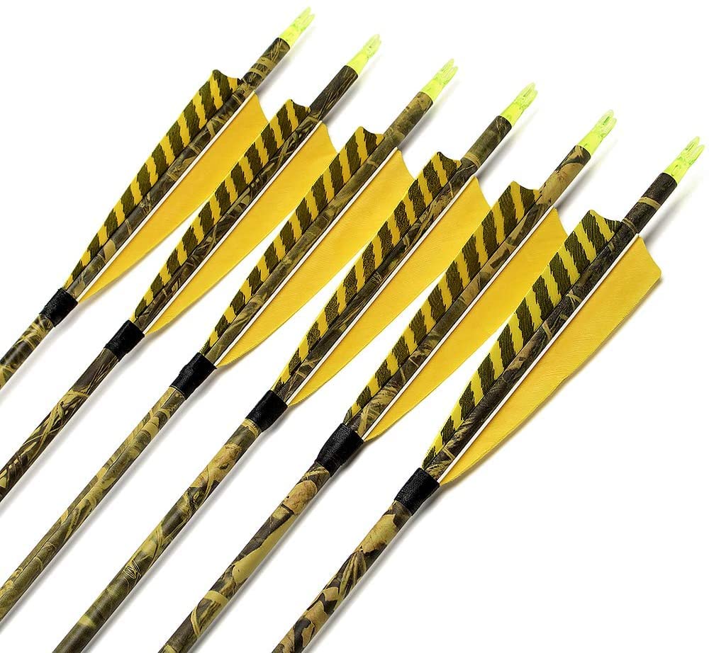 31Inch Carbon Arrow, Practice Hunting Arrows, Camo Turkey Feather Fletching, Arrows for Compound & Recurve Bow with Removable Tips Adjustable Nocks
