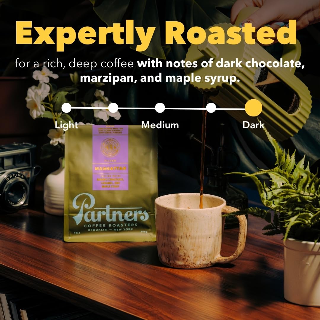 PARTNERS COFFEE ROASTERS - Whole Bean Coffee (Flatiron - Espresso, Medium-Dark Roast) 12oz - Classic Blend, Tastes Like Home - Dark Chocolate, Praline, Dates - Coffee Beans - Roasted in New York City