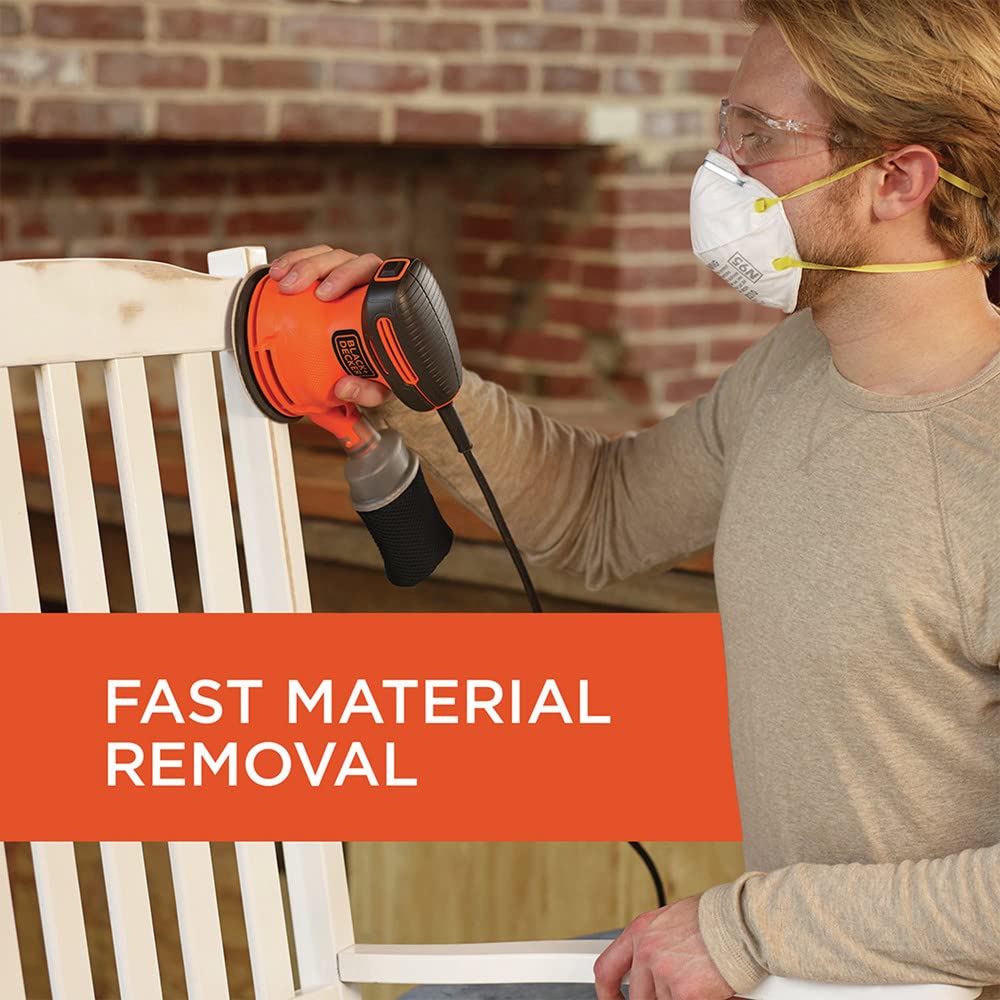 BLACK+DECKER Orbital Sander, 5 Inch, 2.0 Amp, 12000 OPM, Corded, 1 Sandpaper Sheet and Dust Bag Included (BDERO100)