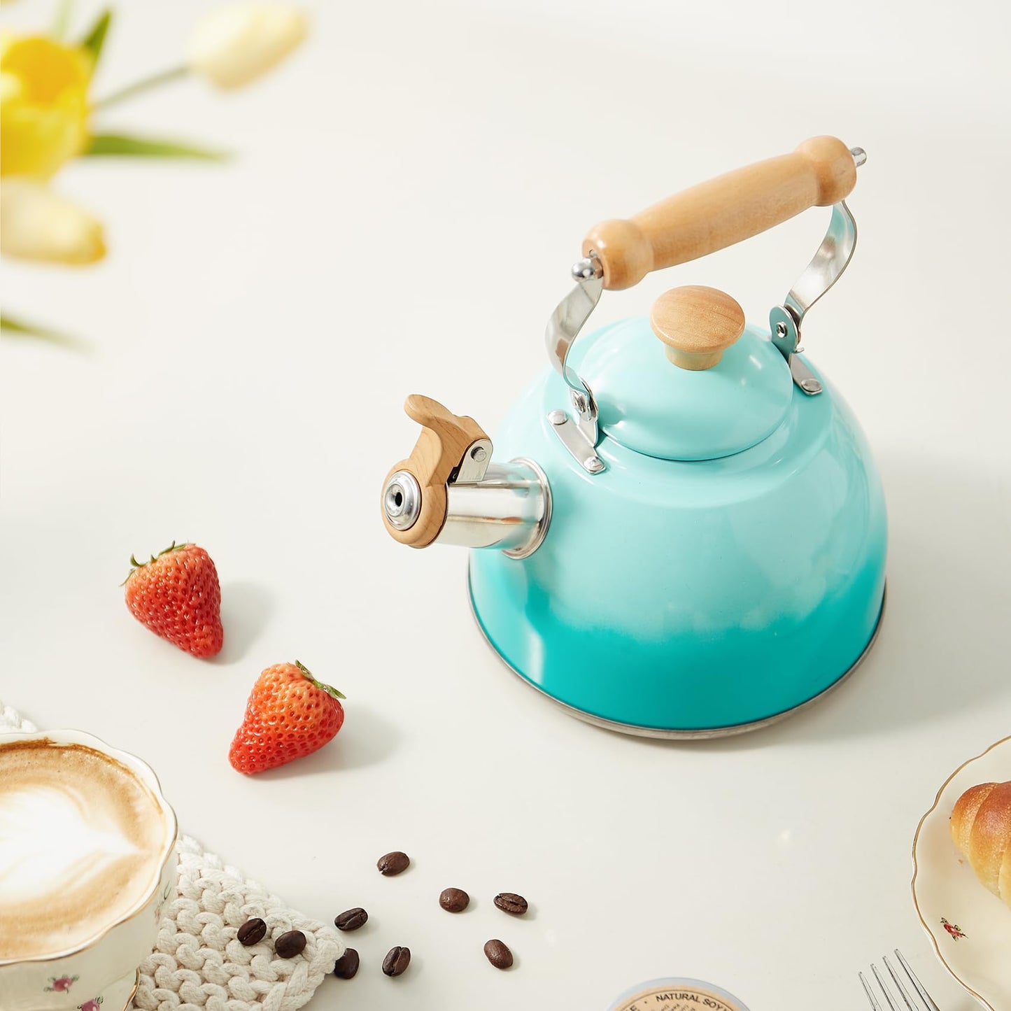 ROCKURWOK Tea Kettle, Tea Pot with Cool Touch Ergonomic Handle, Teapot Food Grade Stainless Steel, Tea Kettle Stovetop, Kettle Teapot, Whistling Tea Kettle, Small Tea Kettle, 1.6 Quart (Green)