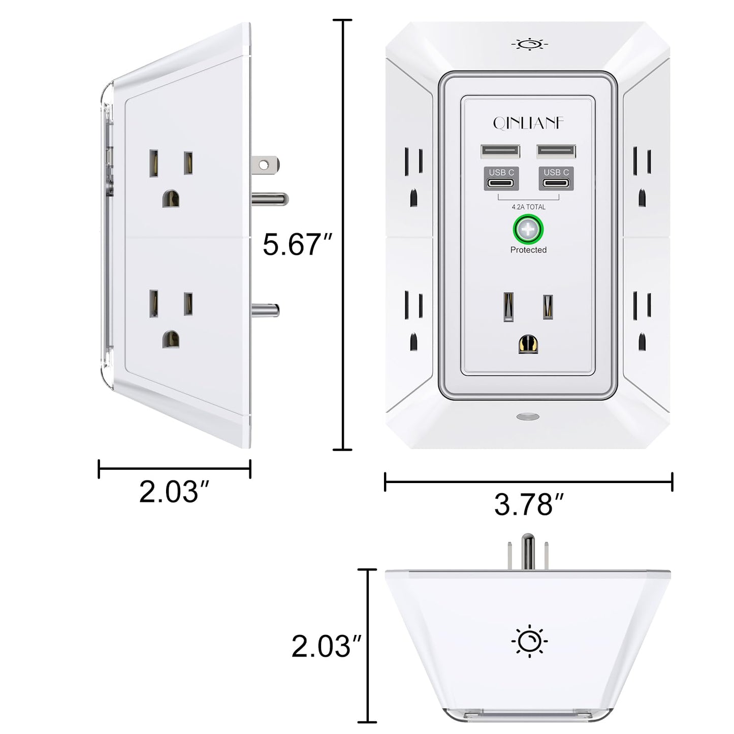 Wall Charger, Surge Protector, QINLIANF 5 Outlet Extender with 4 USB Charging Ports (4.8A Total) 3-Sided 1680J Power Strip Multi Plug Adapter Spaced for Home Travel Office (3U1C)