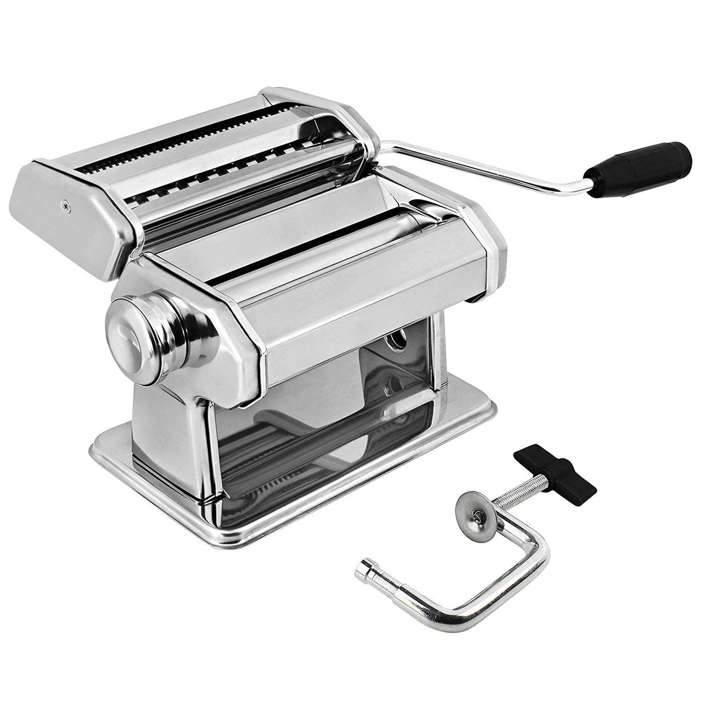GOURMEX Stainless Steel Manual Pasta Maker Machine | With Adjustable Thickness Settings | Perfect for Professional Homemade Spaghetti and Fettuccini | Includes Removable Handle and Clamp (Red)