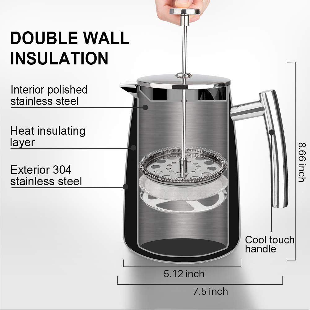 Secura French Press Coffee Maker, 50-Ounce, 304 Stainless Steel Insulated Coffee Press with Extra Screen