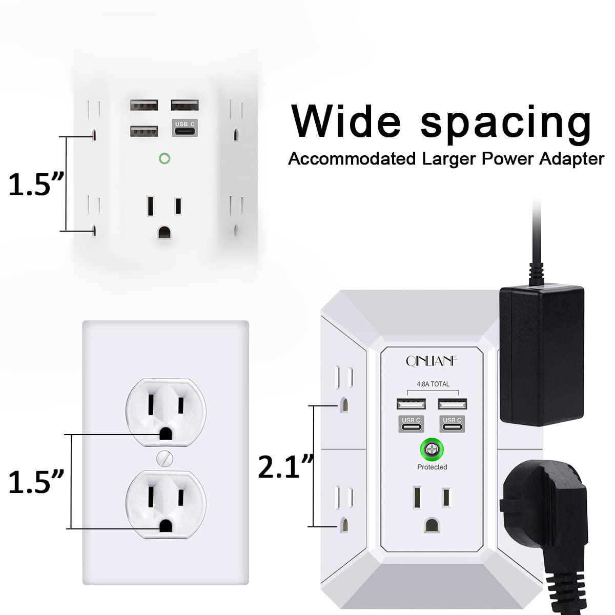 Wall Charger, Surge Protector, QINLIANF 5 Outlet Extender with 4 USB Charging Ports (4.8A Total) 3-Sided 1680J Power Strip Multi Plug Adapter Spaced for Home Travel Office (3U1C)