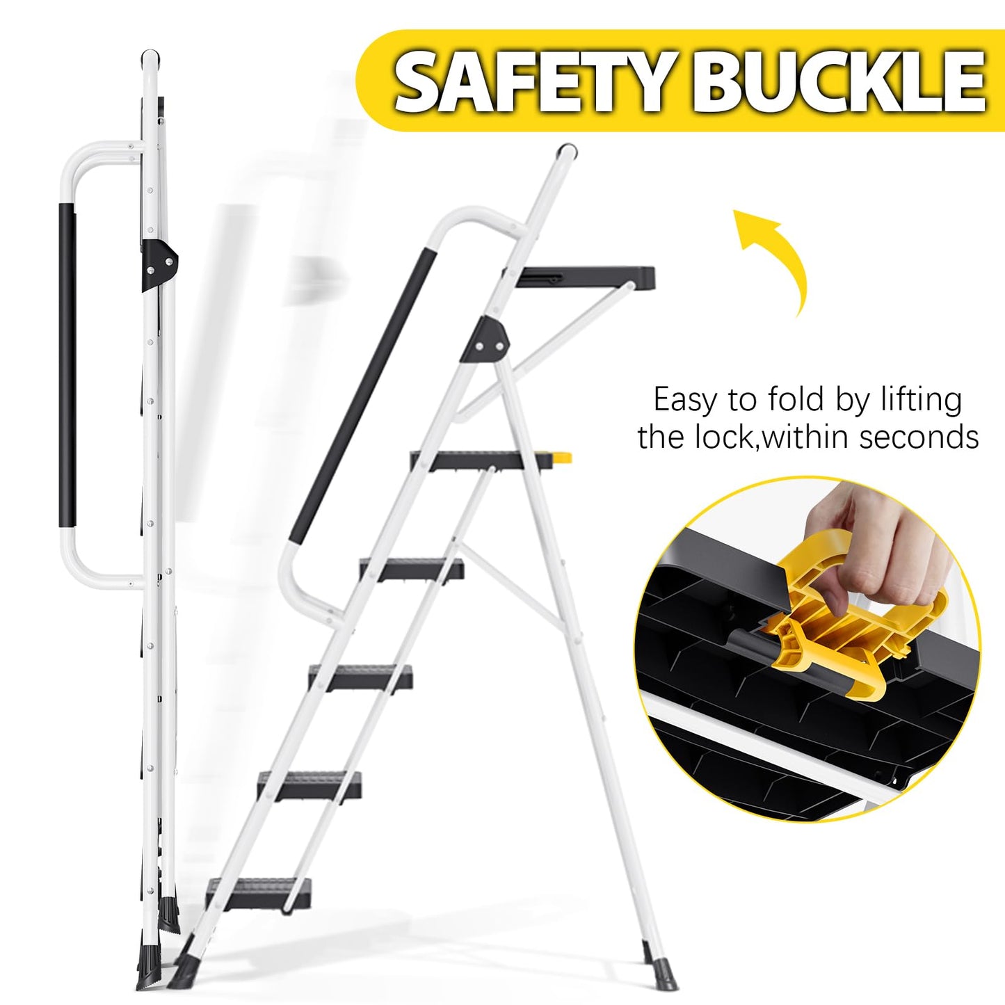 KINGRACK 4 Step Folding Ladder, 800lbs Capacity Step Stool with Safety Lock, Non-Skid Wide Pedals, and Handrail, Lightweight, Household Ladder for Home, Kitchen, Pantry, Closets, and Office Use, White