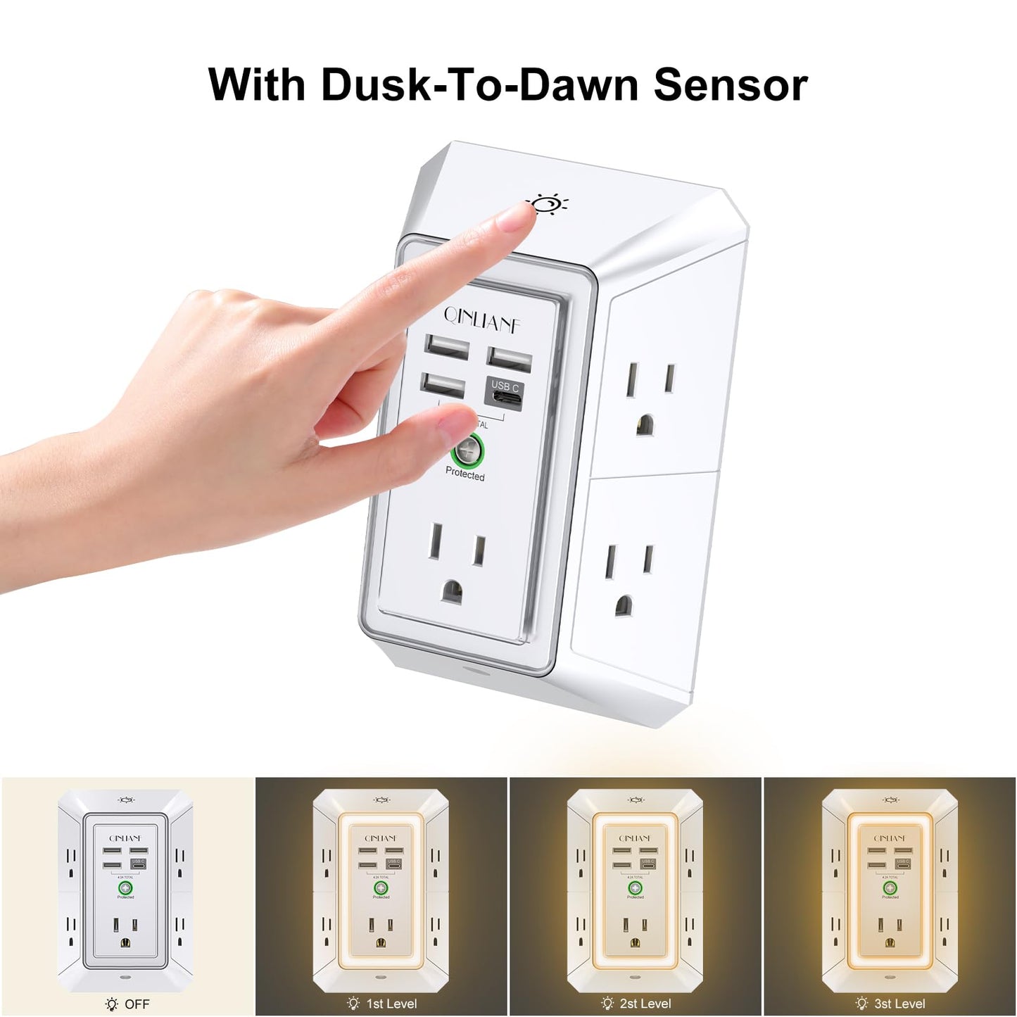 Wall Charger, Surge Protector, QINLIANF 5 Outlet Extender with 4 USB Charging Ports (4.8A Total) 3-Sided 1680J Power Strip Multi Plug Adapter Spaced for Home Travel Office (3U1C)