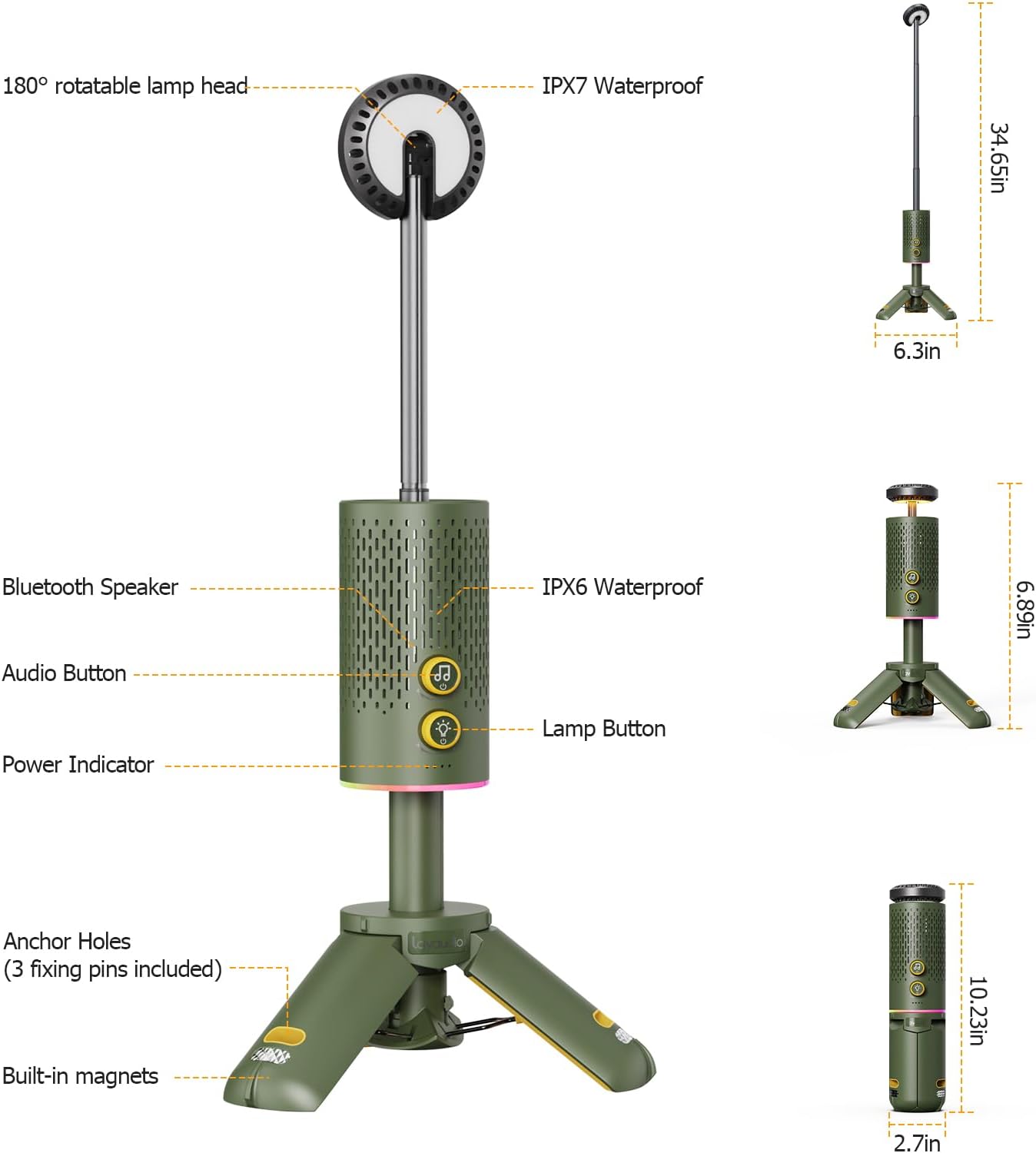 1Mii Lavaudio Camping Lantern with Bluetooth Speaker, Rechargeable Telescopic Camping Light, 12500mah Battery Rechargeable Lumens 800 Flashlight, Scalable Camping Lights for Hiking, Camping