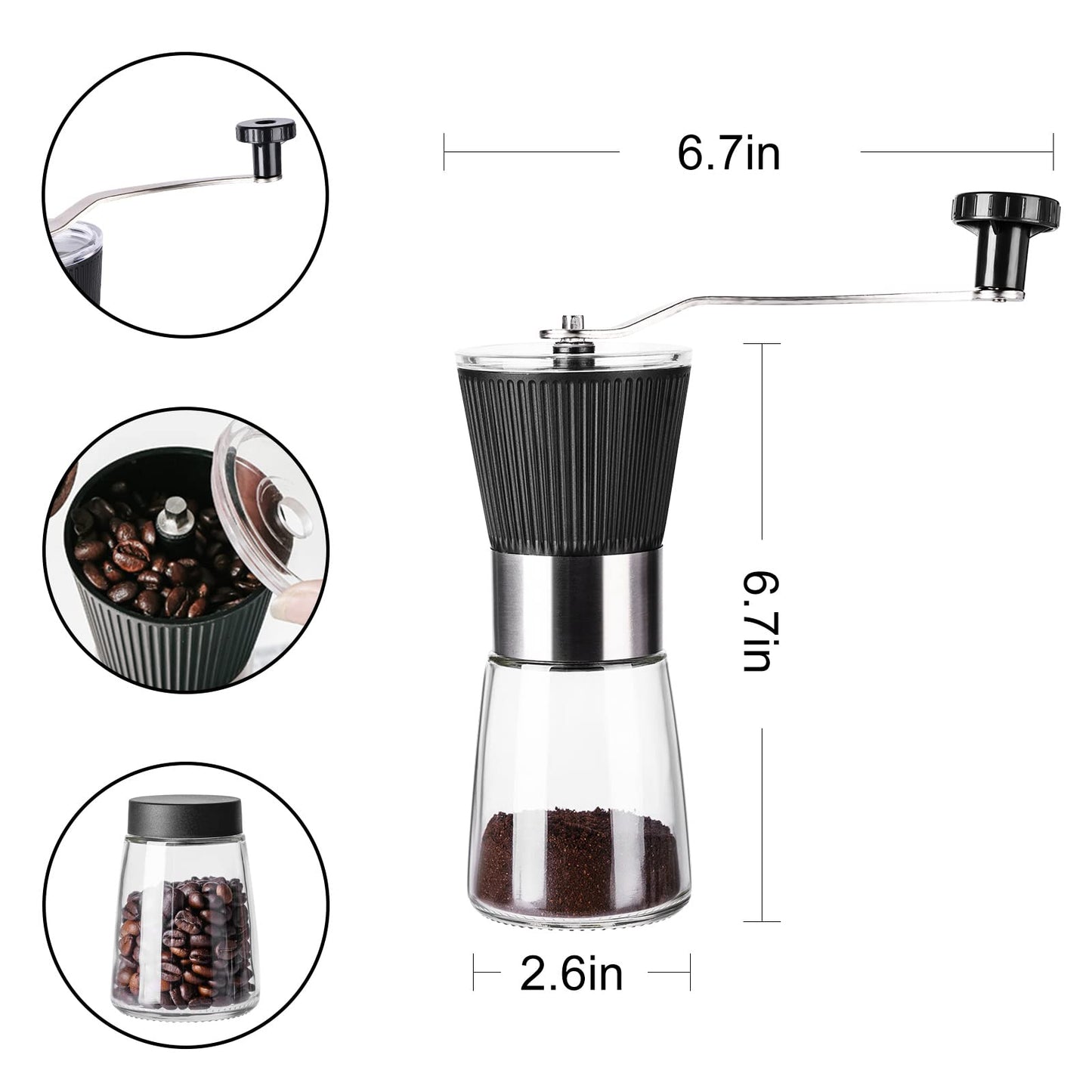 PARACITY Manual Coffee Bean Grinder with Ceramic Burr, Hand Coffee Grinder Mill Small with 2 Glass Jars( 11OZ per Jar) Stainless Steel Handle for Drip Coffee, Espresso, French Press, Turkish Brew