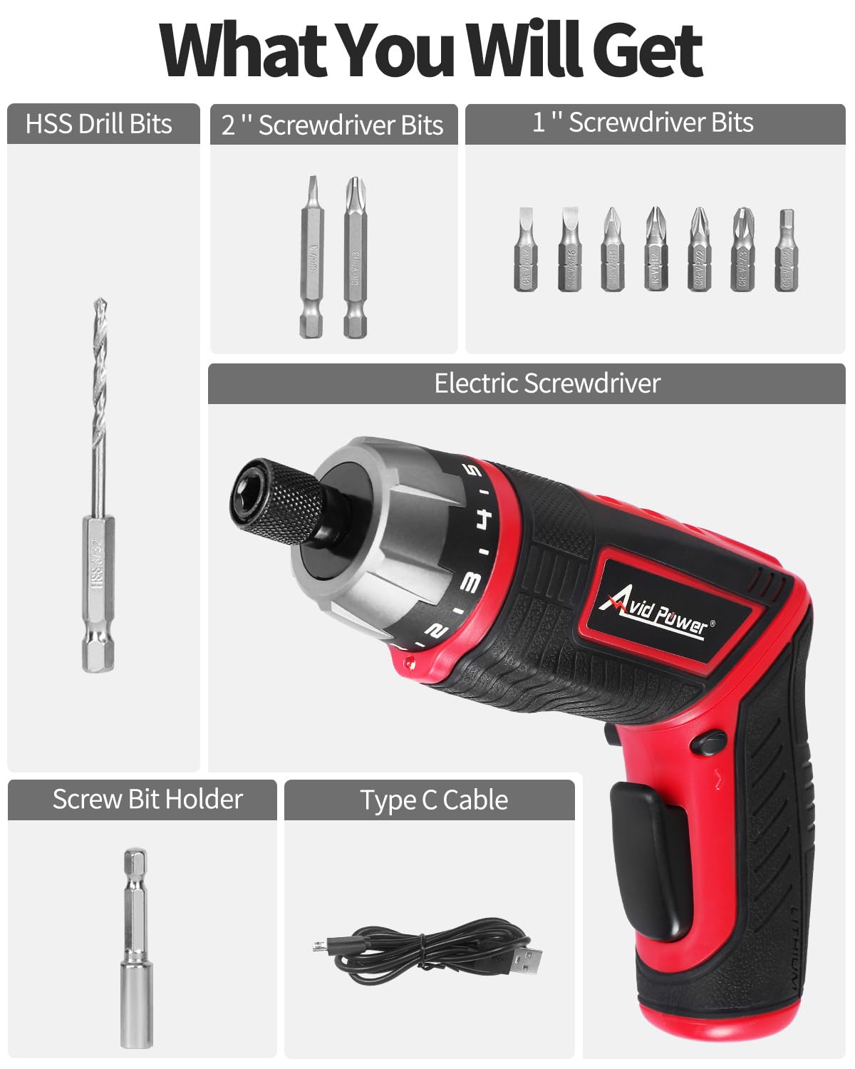 AVID POWER Electric Screwdriver Set Rechargeable 4V Cordless Screwdriver Kit with 44pcs Accessories, 5.65Nm Screw Gun, 5+1 Torque Setting, 2 Position Handle with LED Light