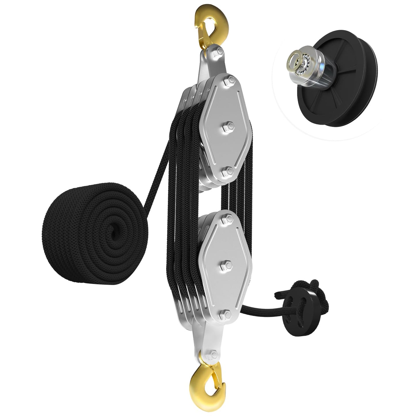 Rope Hoist Pulley System, 4400LB Pulley Block and Tackle, 8:1 Ratio Lifting Power 65ft, Heavy Duty Pulley Block for Lifting Pulling (with 2PCs Straps)