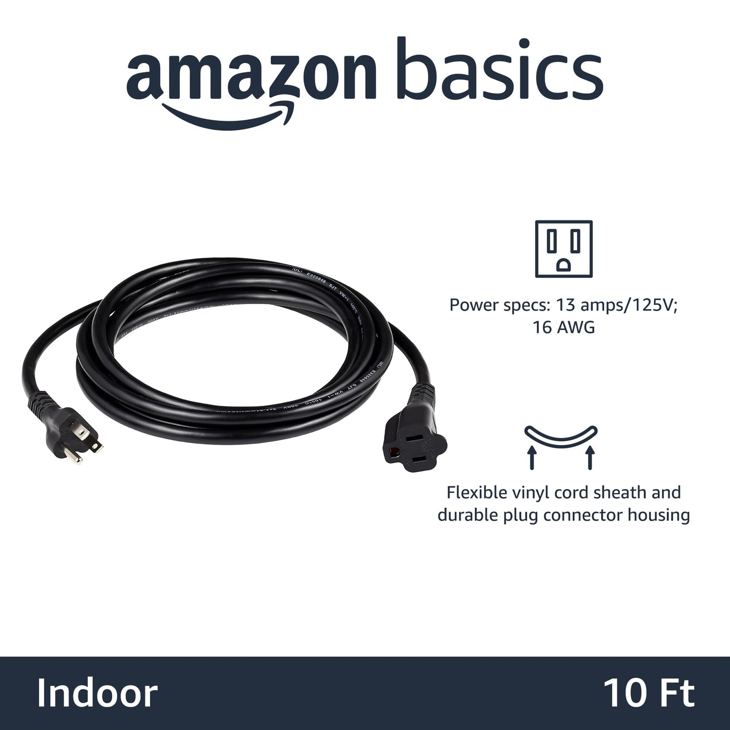 Extension Cord, 20 Ft, 3 Prong Outlet Extender, Indoor Extension Cord, 13 Amps, 125V, Black