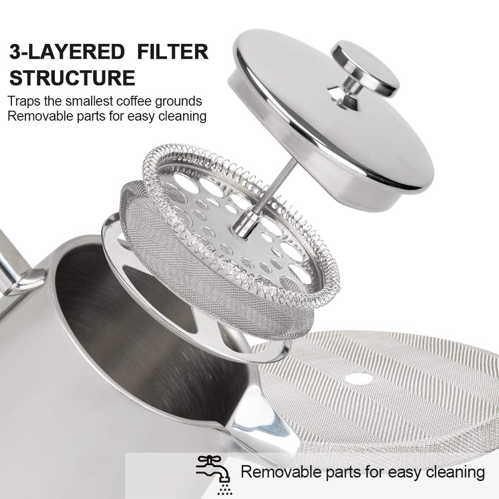 Secura French Press Coffee Maker, 50-Ounce, 304 Stainless Steel Insulated Coffee Press with Extra Screen