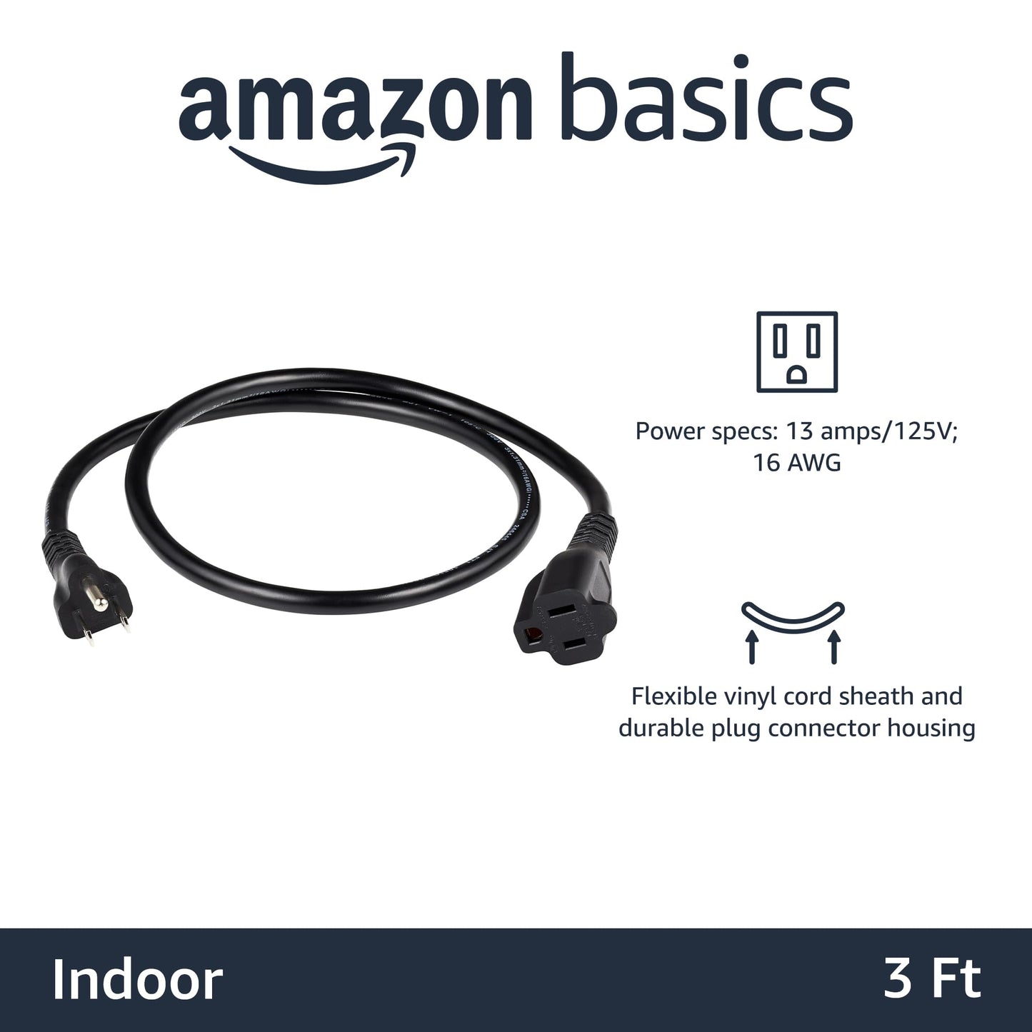 Extension Cord, 20 Ft, 3 Prong Outlet Extender, Indoor Extension Cord, 13 Amps, 125V, Black