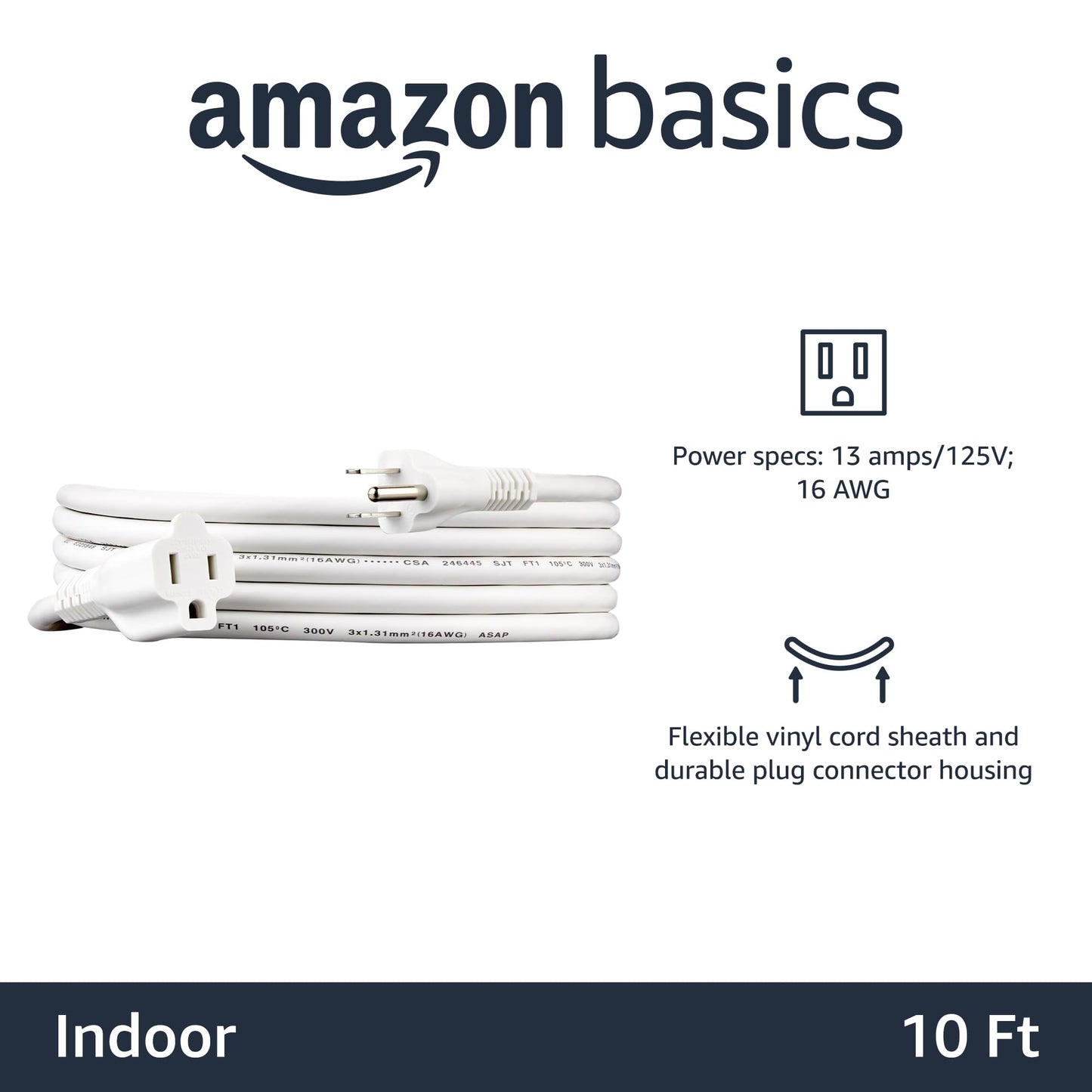 Extension Cord, 20 Ft, 3 Prong Outlet Extender, Indoor Extension Cord, 13 Amps, 125V, Black