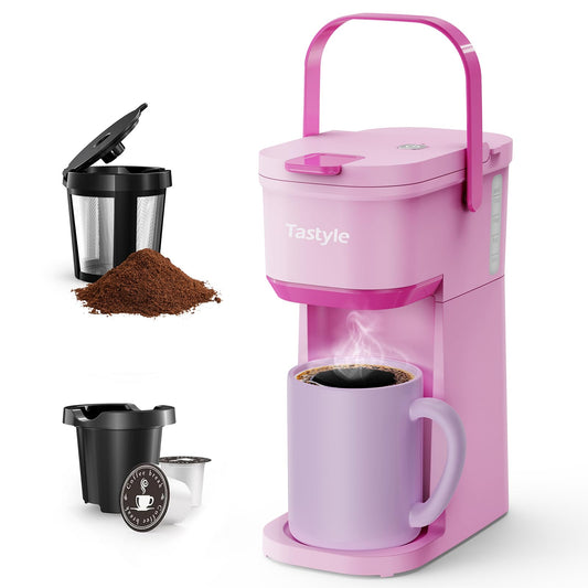 Single Serve One Cup Coffee Maker, for K Cups and Grounds, Mini Coffee Maker with Portable Handle, 6 to 12 Oz Brew Size, for Travel, Camping, Office, RV and Dorm, 120V, Black and Gold