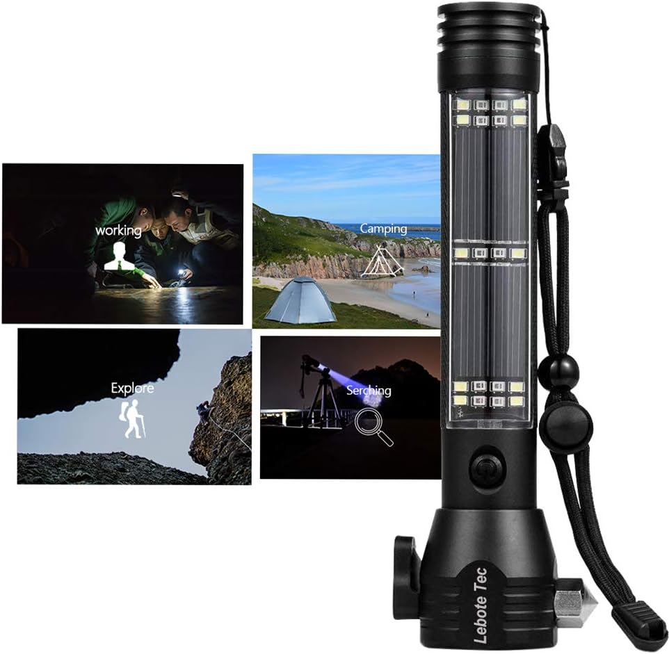 Lebote Car Flashlight Solar Power Tactical Flashlight Multi Function Flashlight Bright LED Emergency Torch Light With Safety Hammer Seat Belt Cutter Compass For Hiking Camping