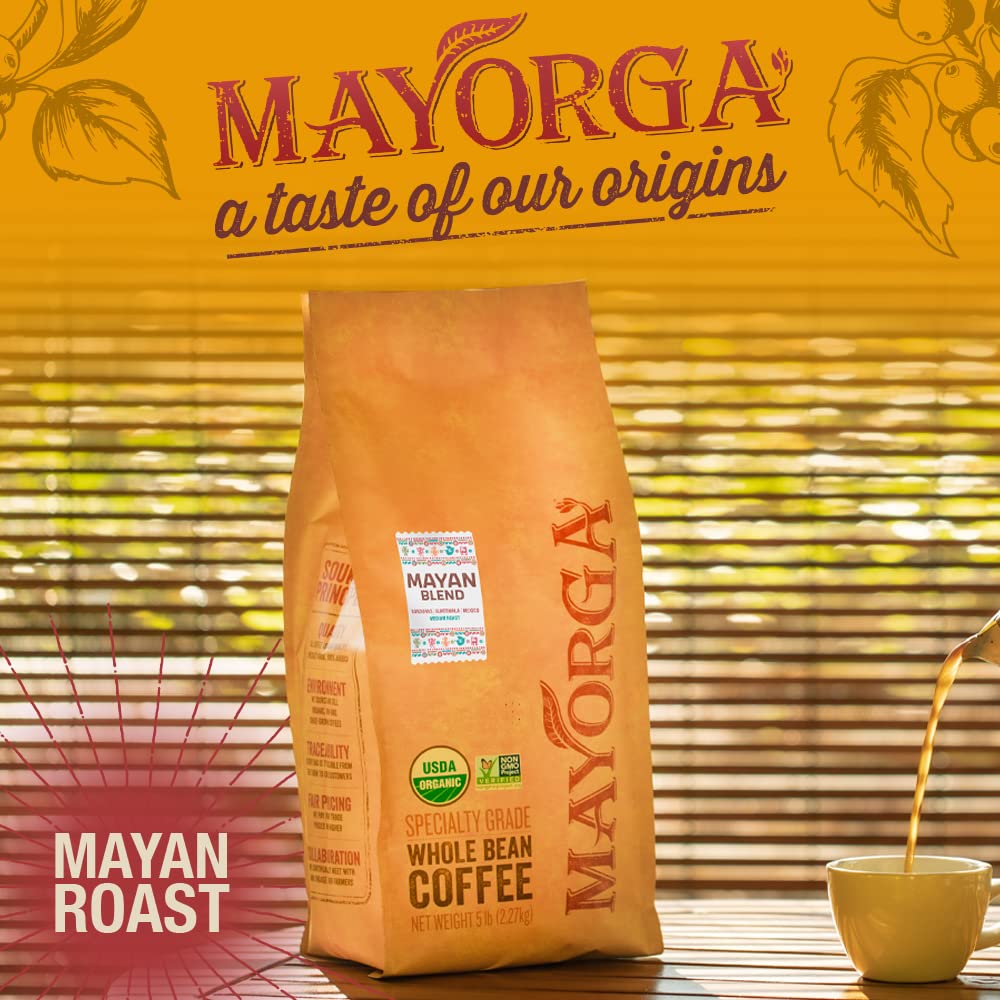 Mayorga Organic Coffee 2lb Mayan Blend - Medium Roast Whole Bean Coffee Specialty Grade, 100% Arabica, Slow Roasted, Chocolate and Floral Flavor with Low Acidity - USDA Organic, Non-GMO, Kosher