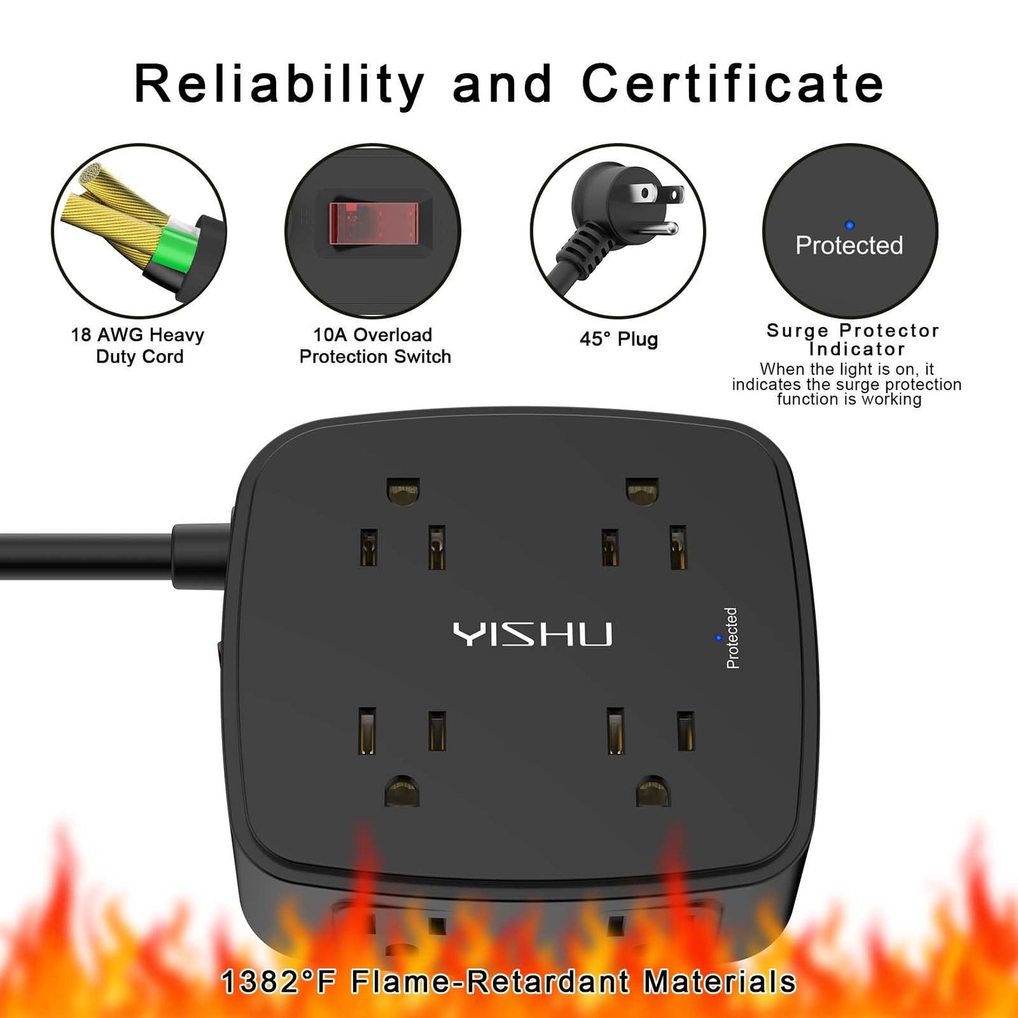 6 Ft Surge Protector Power Strip - 8 Widely Outlets with 4 USB Ports, 3 Side Outlet Extender with 6 Feet Extension Cord, Flat Plug, Wall Mount, Desk USB Charging Station, ETL,White