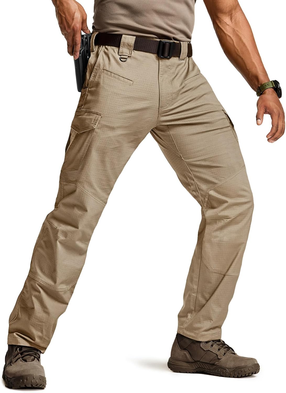 CQR Men's Flex Ripstop Tactical Pants, Water Resistant Stretch Cargo Pants, Lightweight EDC Hiking Work Pants