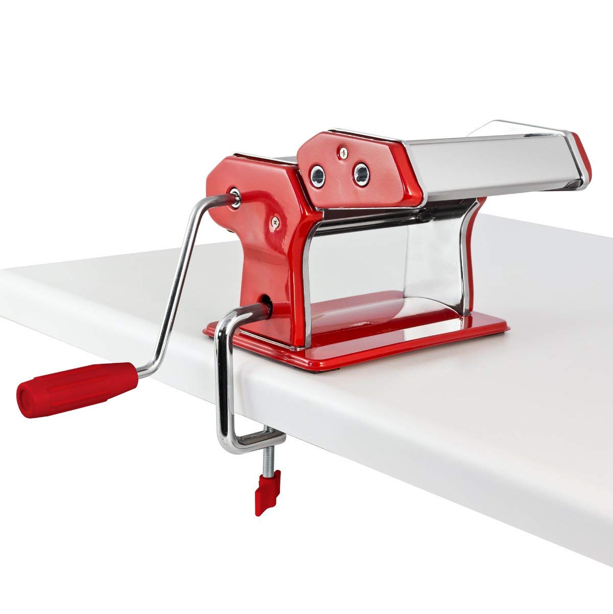 GOURMEX Stainless Steel Manual Pasta Maker Machine | With Adjustable Thickness Settings | Perfect for Professional Homemade Spaghetti and Fettuccini | Includes Removable Handle and Clamp (Red)