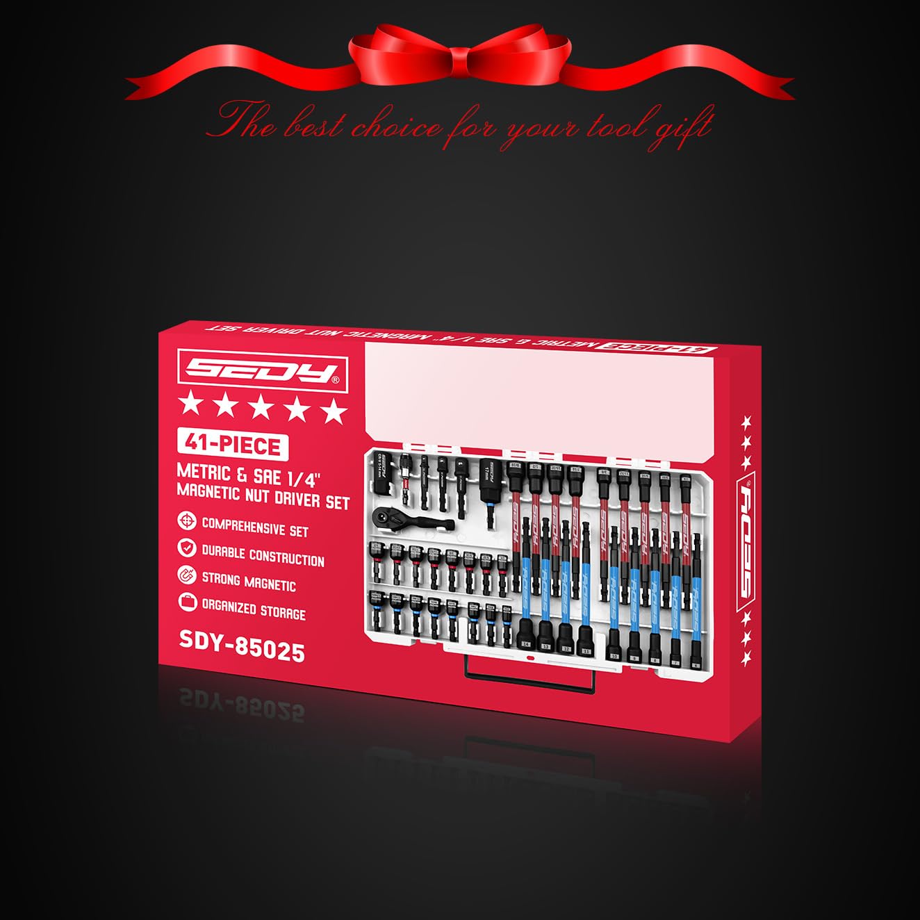 41-Piece Premium 1/4" Drive Magnetic Impact Nut Driver Set Metric & SAE Standard & Deep with Socket Adapters, 2-in-1 Ratchet Wrench, Wing Nut Driver, Universal Sockets, Quick Release Bit Holder