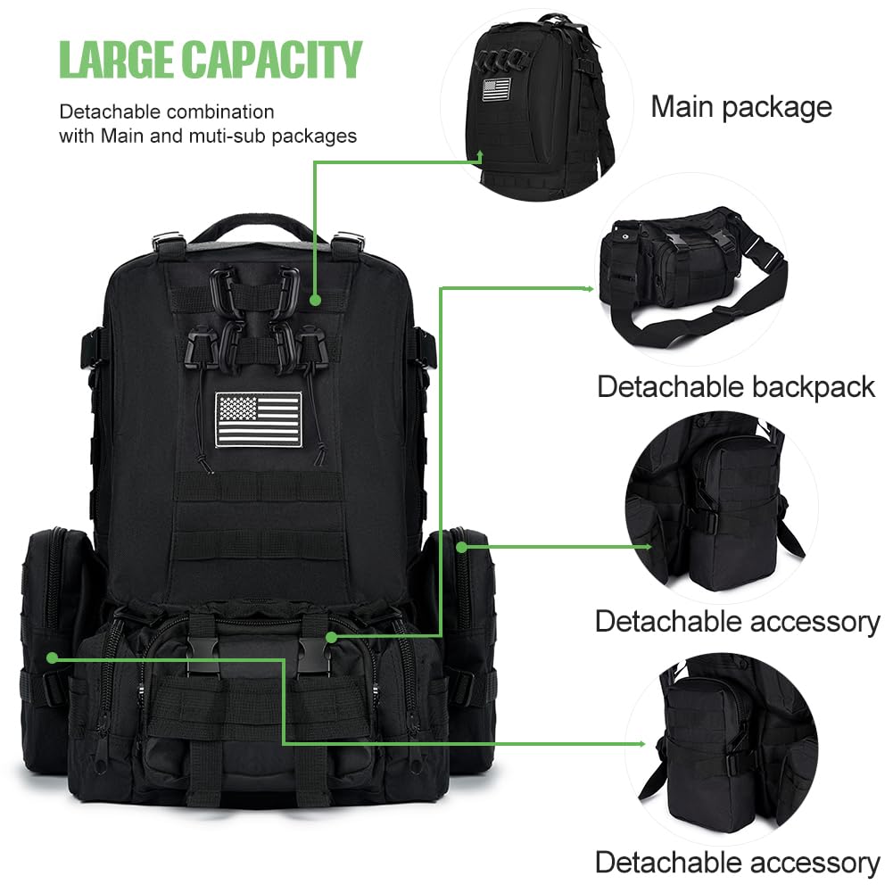 Large Military Tactical Backpack for Men, 40-50L Backpacks for Women, Bug out Bag Army 3 Days Assault Pack Bags Rucksack with Molle System Black Camouflage-2