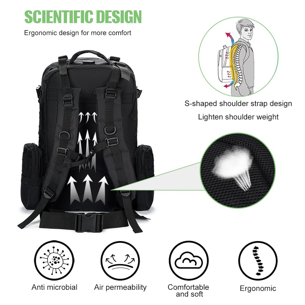 Large Military Tactical Backpack for Men, 40-50L Backpacks for Women, Bug out Bag Army 3 Days Assault Pack Bags Rucksack with Molle System Black Camouflage-2
