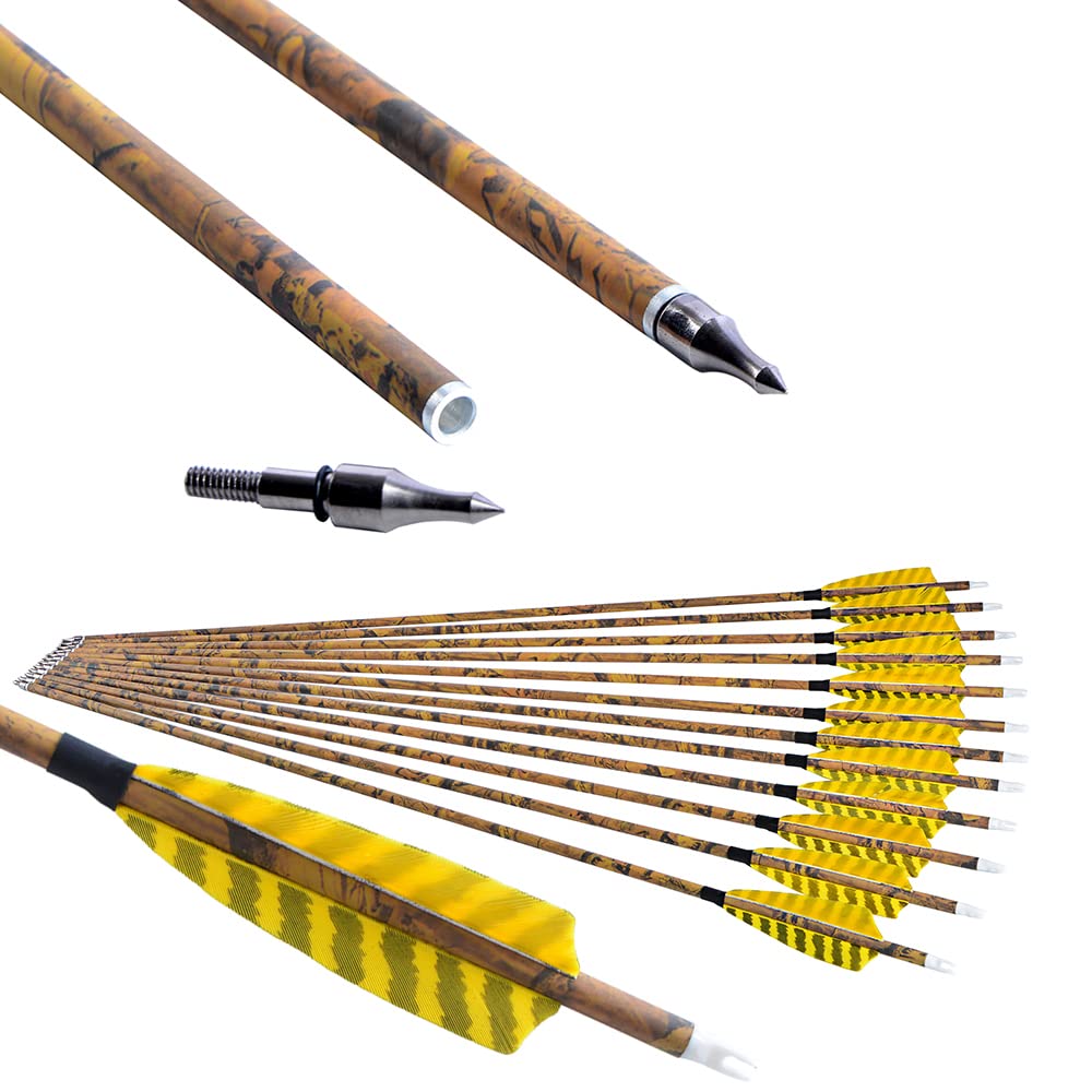 ZSHJGJR 30” Archery Carbon Arrows Hunting Arrows with 4” Turkey Feather Removable Tips Targeting Practice Arrows 500 Spine for Compound & Recurve & Traditional Bow 6/12pcs