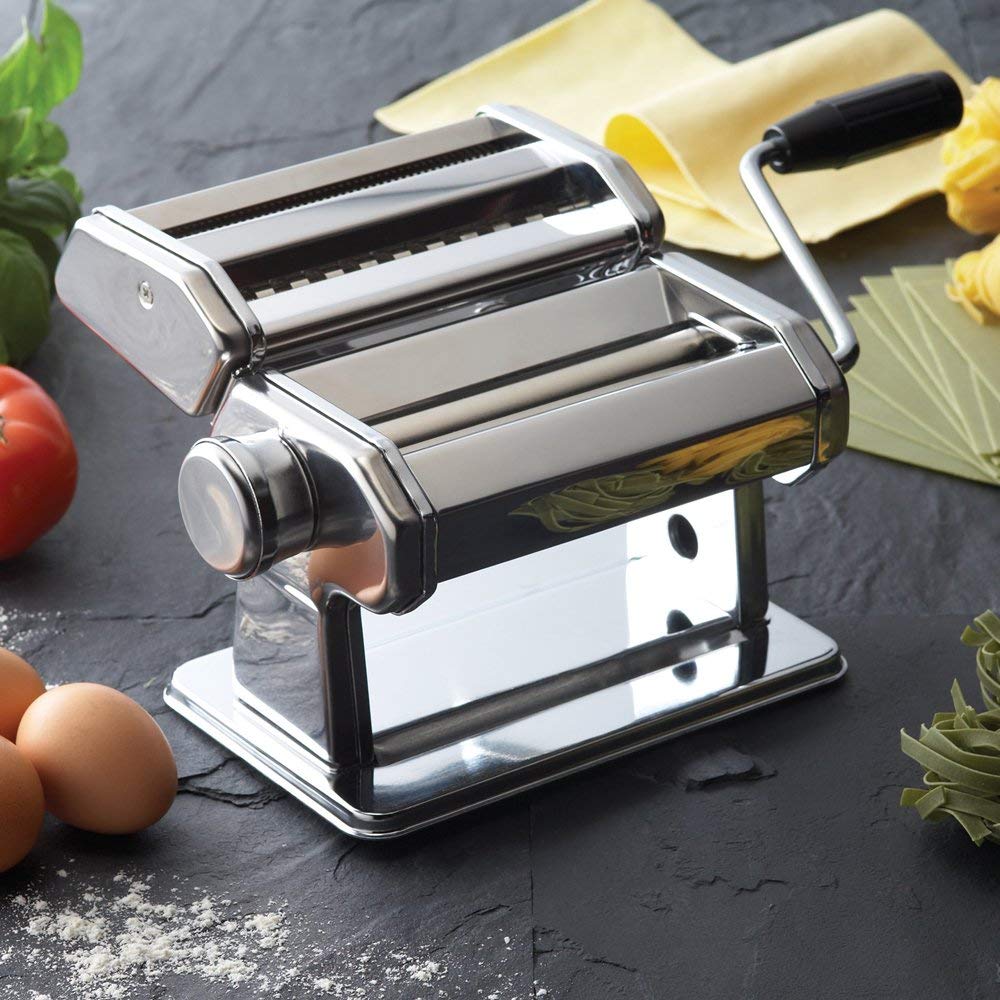GOURMEX Stainless Steel Manual Pasta Maker Machine | With Adjustable Thickness Settings | Perfect for Professional Homemade Spaghetti and Fettuccini | Includes Removable Handle and Clamp (Red)