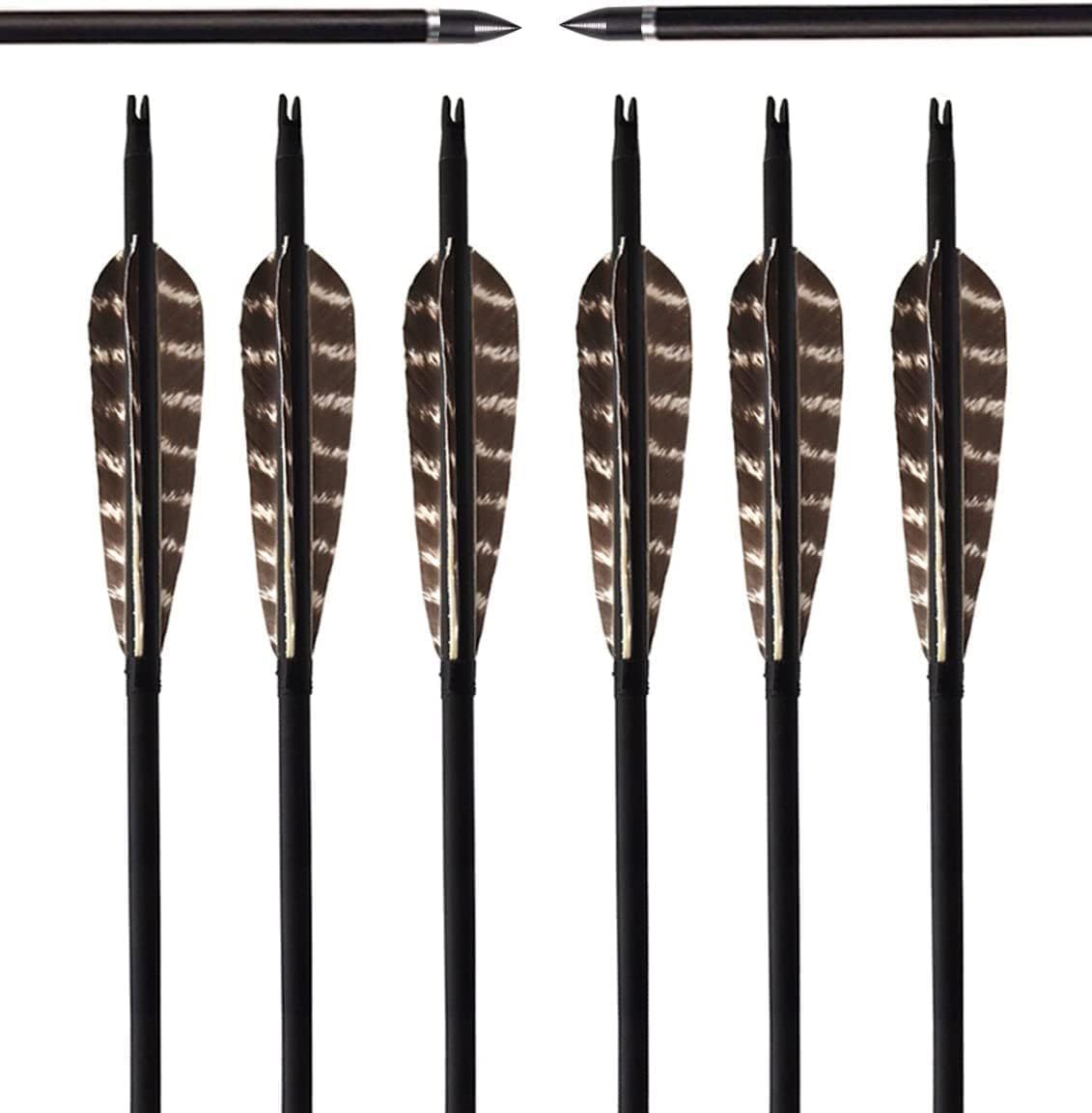 31Inch Carbon Arrow, Practice Hunting Arrows, Camo Turkey Feather Fletching, Arrows for Compound & Recurve Bow with Removable Tips Adjustable Nocks