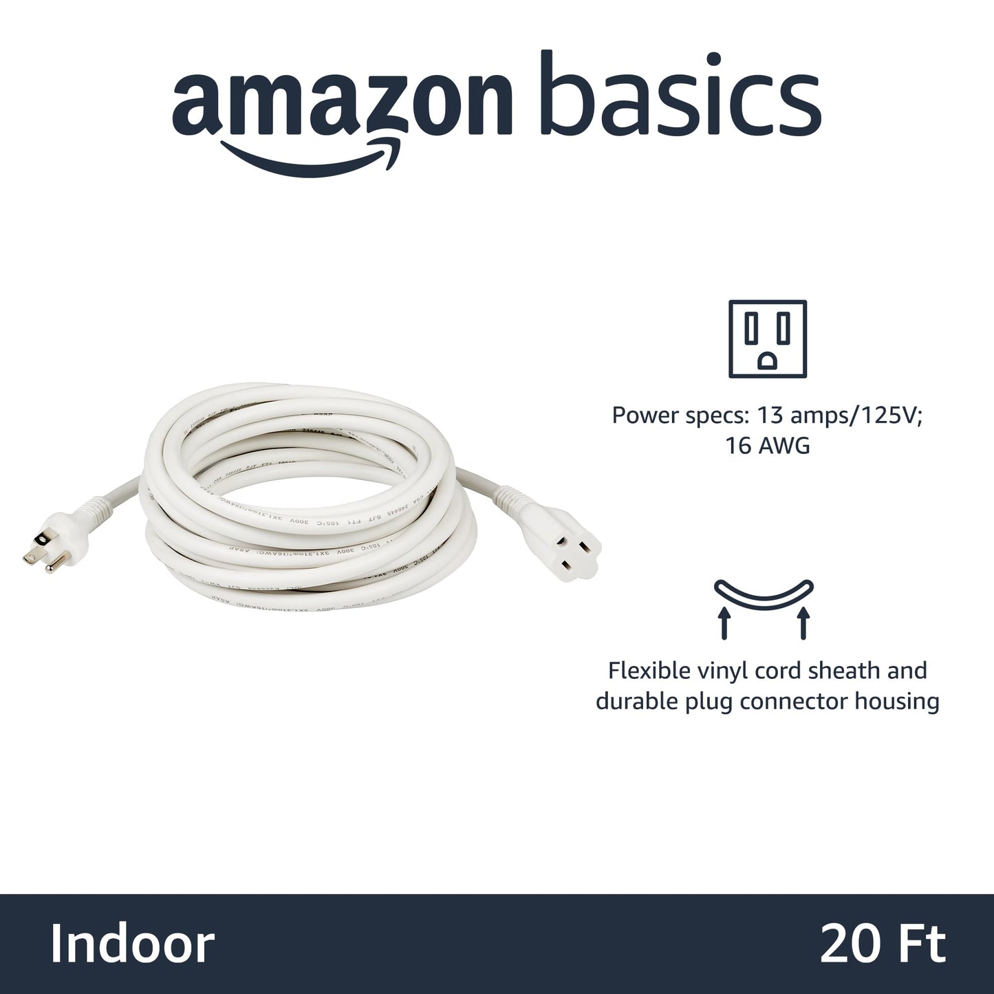 Extension Cord, 20 Ft, 3 Prong Outlet Extender, Indoor Extension Cord, 13 Amps, 125V, Black