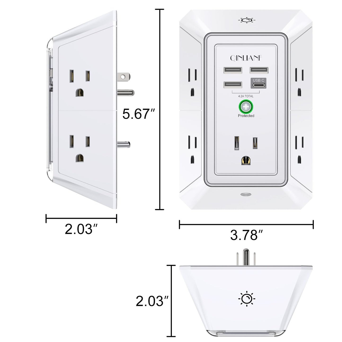 Wall Charger, Surge Protector, QINLIANF 5 Outlet Extender with 4 USB Charging Ports (4.8A Total) 3-Sided 1680J Power Strip Multi Plug Adapter Spaced for Home Travel Office (3U1C)