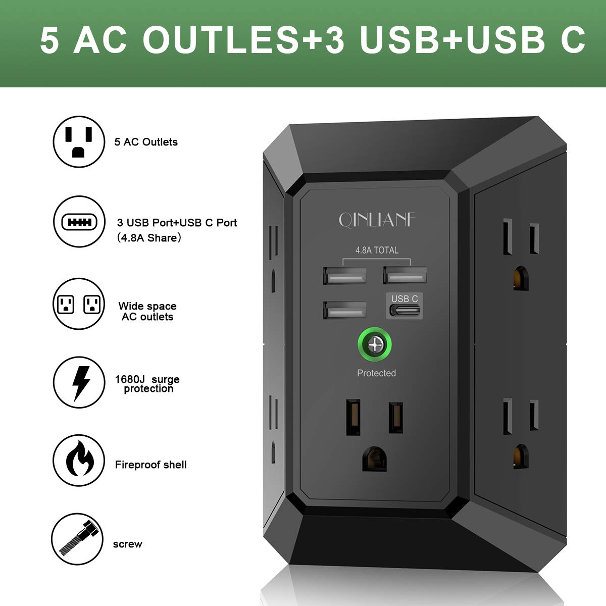 Wall Charger, Surge Protector, QINLIANF 5 Outlet Extender with 4 USB Charging Ports (4.8A Total) 3-Sided 1680J Power Strip Multi Plug Adapter Spaced for Home Travel Office (3U1C)