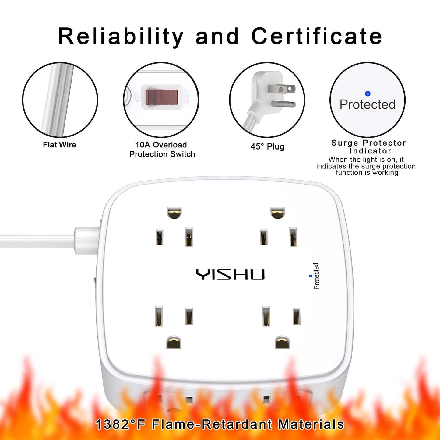6 Ft Surge Protector Power Strip - 8 Widely Outlets with 4 USB Ports, 3 Side Outlet Extender with 6 Feet Extension Cord, Flat Plug, Wall Mount, Desk USB Charging Station, ETL,White
