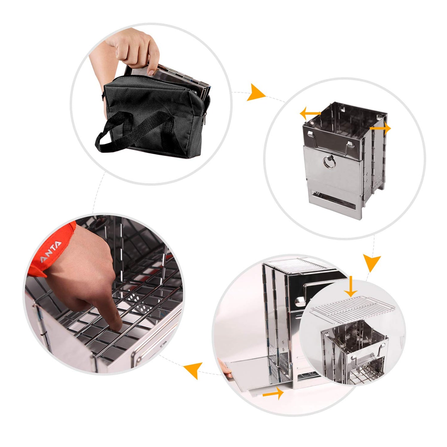 Portable Folding Camping Wood Stove for Outdoor Cooking, Lightweight Stainless Steel Wood Burning Camp Stove with Grill for Backpacking BBQ Picnic, Small