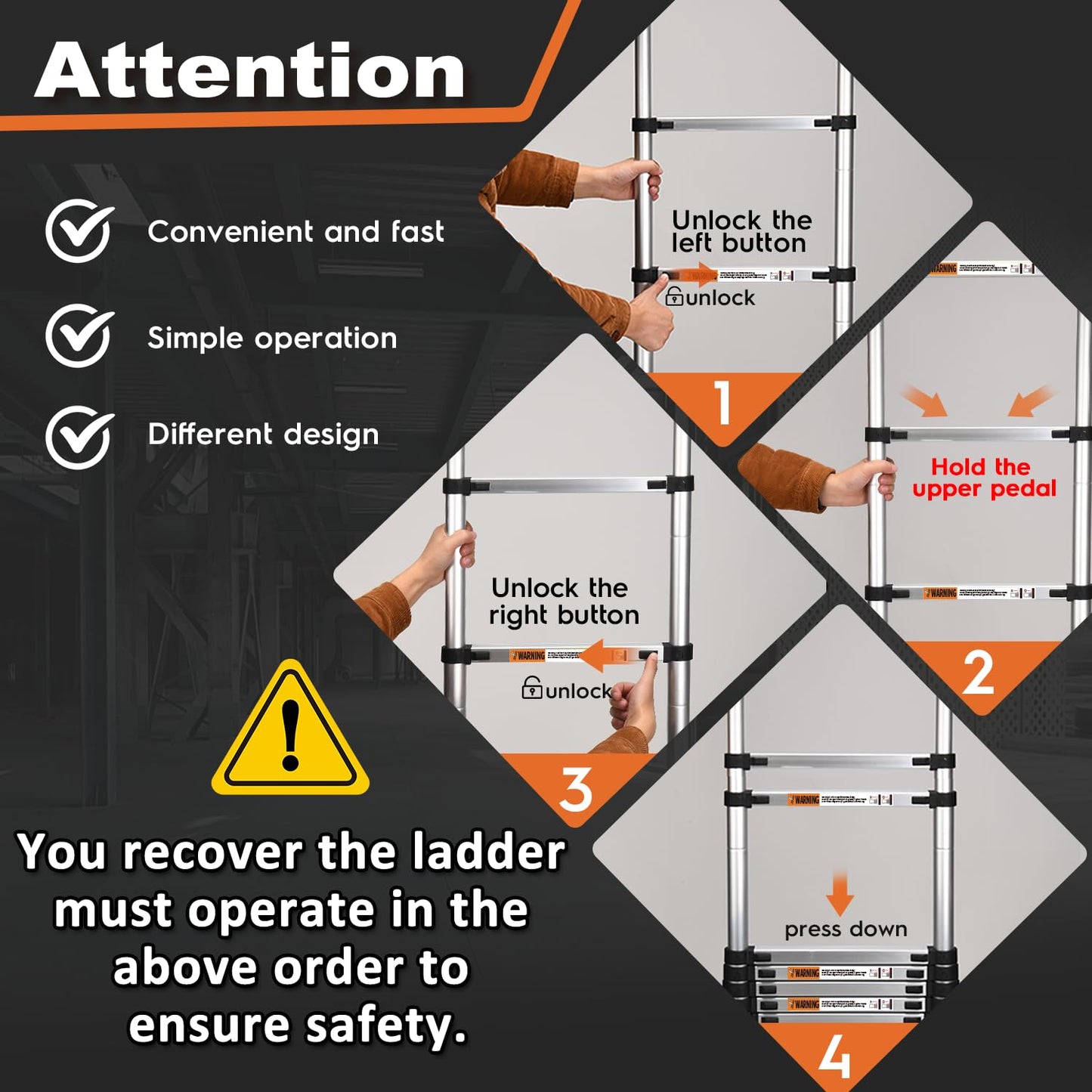 Telescoping Ladder, SocTone 12.5 FT Aluminum Lightweight Extension Ladder with 2 Triangle Stabilizers, Heavy Duty 330lbs Max Capacity, Multi-Purpose Collapsible Ladder for RV or Outdoor Work