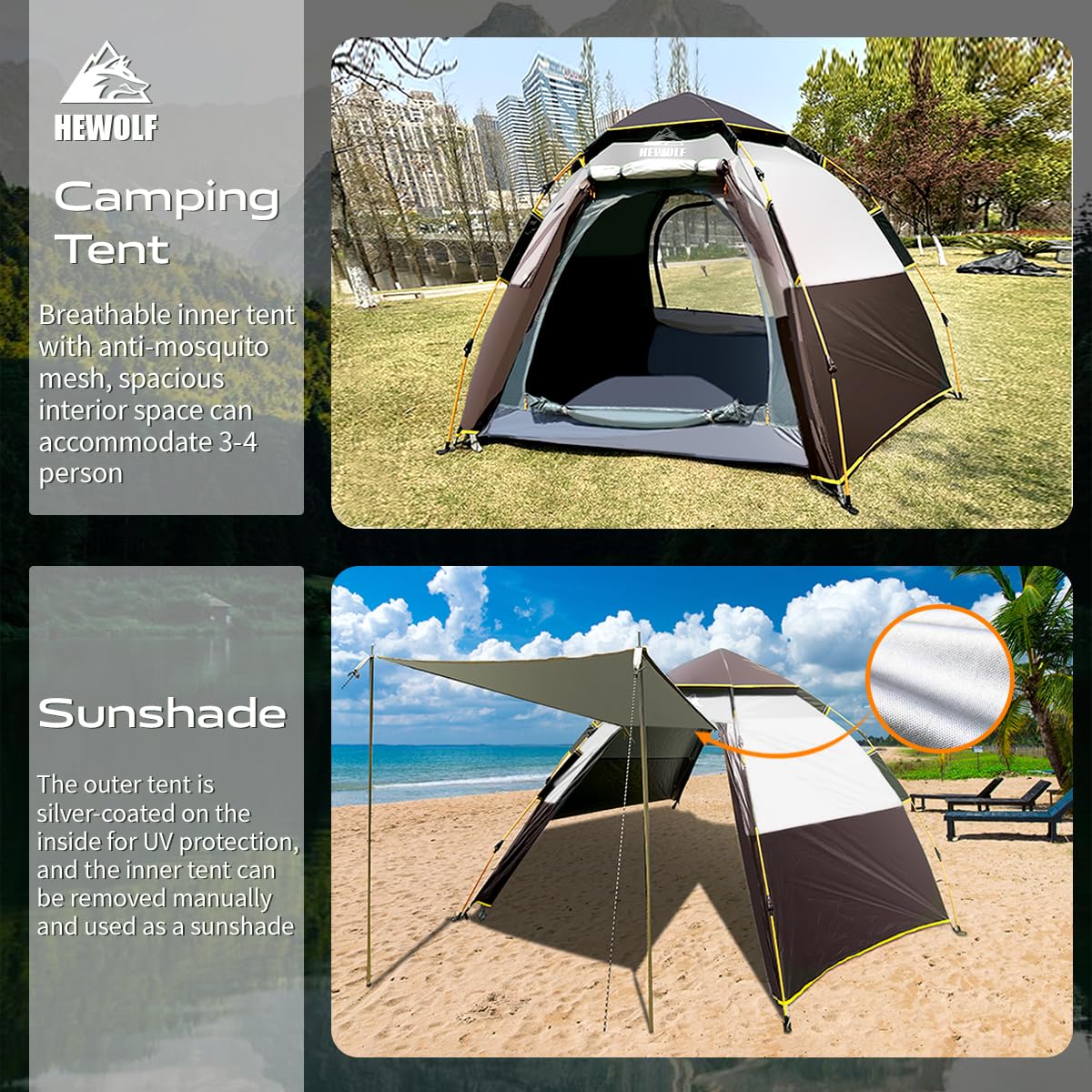 Hewolf 2/3/4 Person Camping Tent - Instant Pop Up Waterproof 2 Doors Tent with Easy Setup | 3-Season Hexagonal Dome Design for Family, Hiking & Traveling