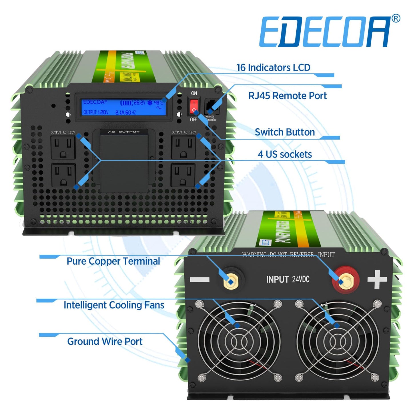 EDECOA Pure Sine Wave Power Inverter 3500W DC 12V to AC 120V with LCD Display and Remote Controller 4 AC Outlets and 1 Terminal Block