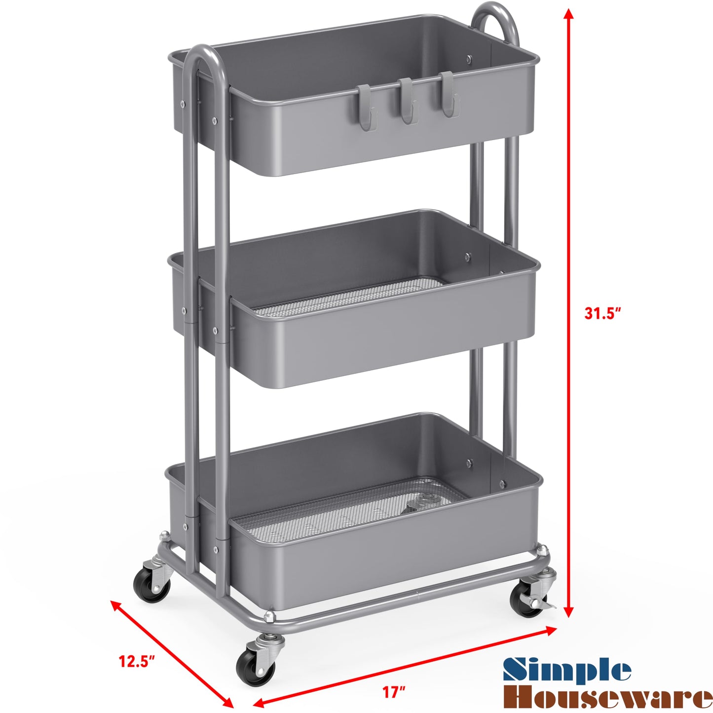 Simple Houseware 3-Tier Heavy Duty Metal Utility Rolling Cart, White