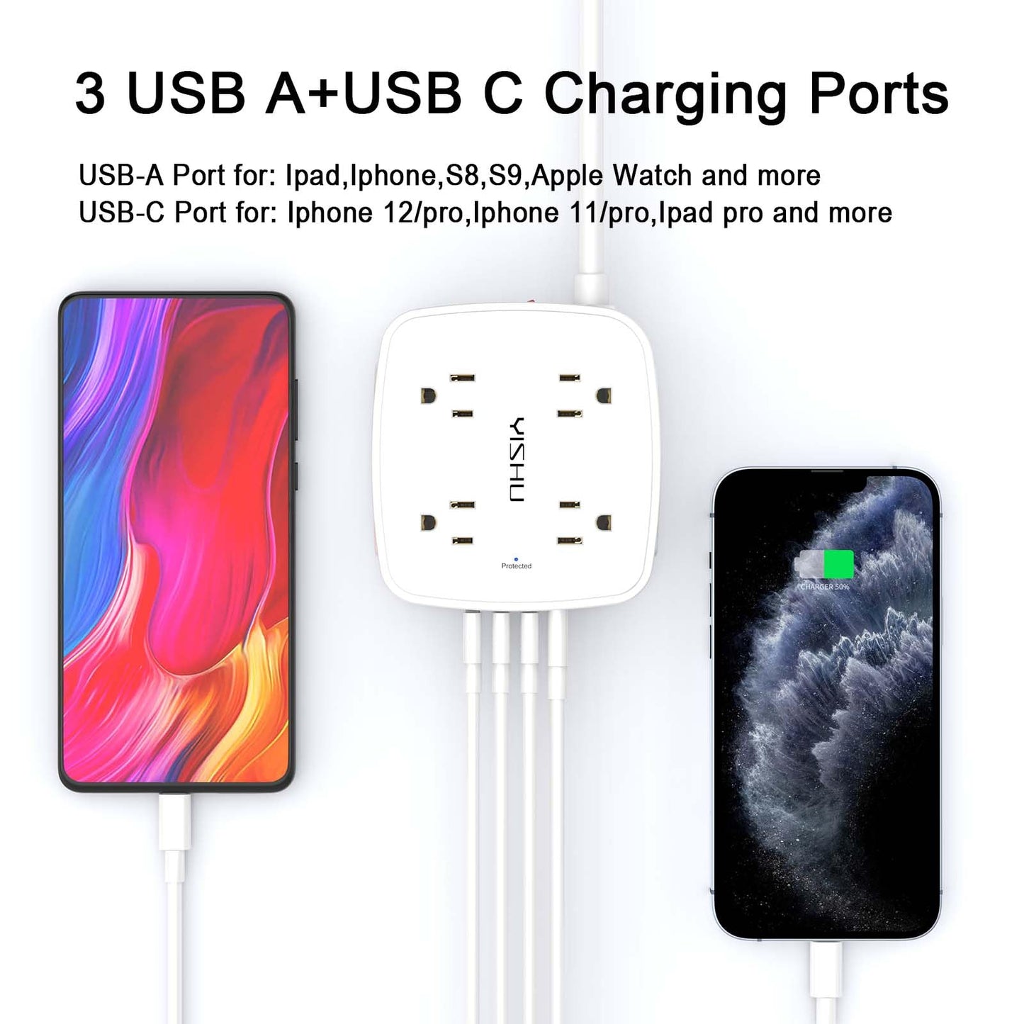 6 Ft Surge Protector Power Strip - 8 Widely Outlets with 4 USB Ports, 3 Side Outlet Extender with 6 Feet Extension Cord, Flat Plug, Wall Mount, Desk USB Charging Station, ETL,White