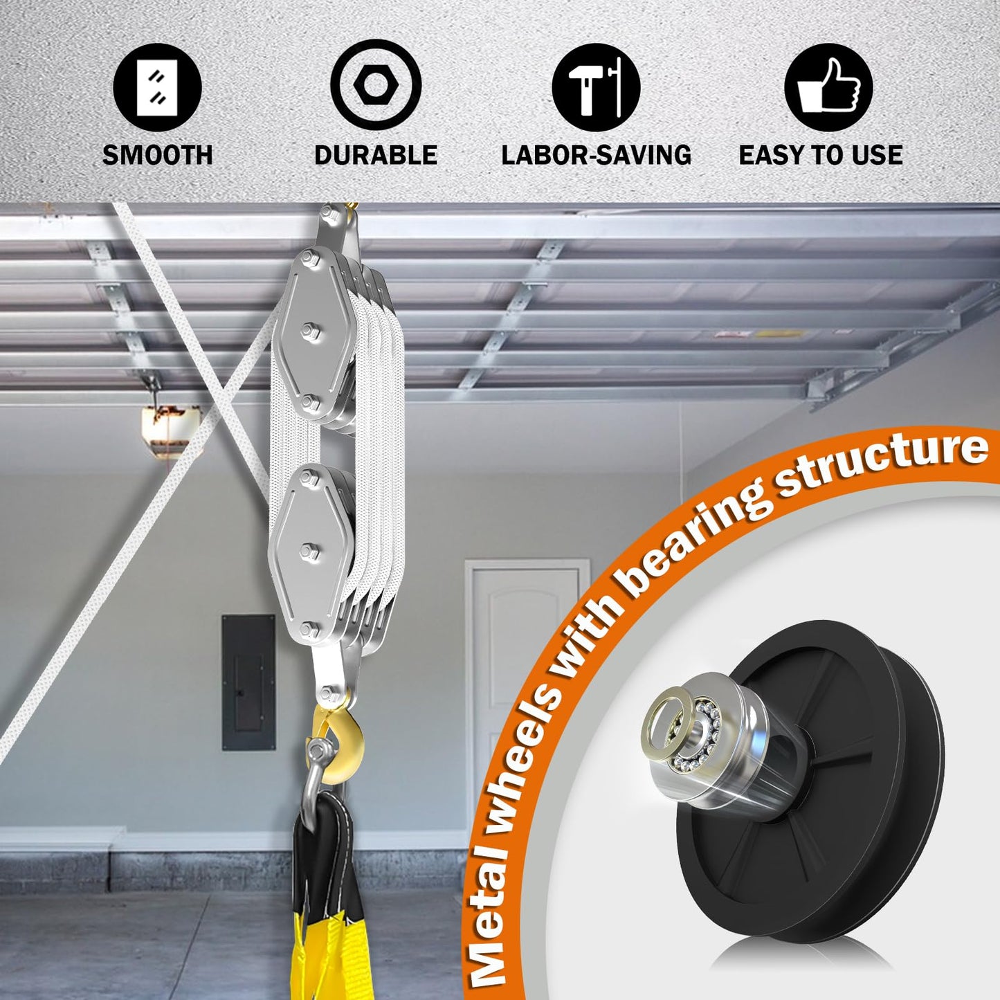 Rope Hoist Pulley System, 4400LB Pulley Block and Tackle, 8:1 Ratio Lifting Power 65ft, Heavy Duty Pulley Block for Lifting Pulling (with 2PCs Straps)