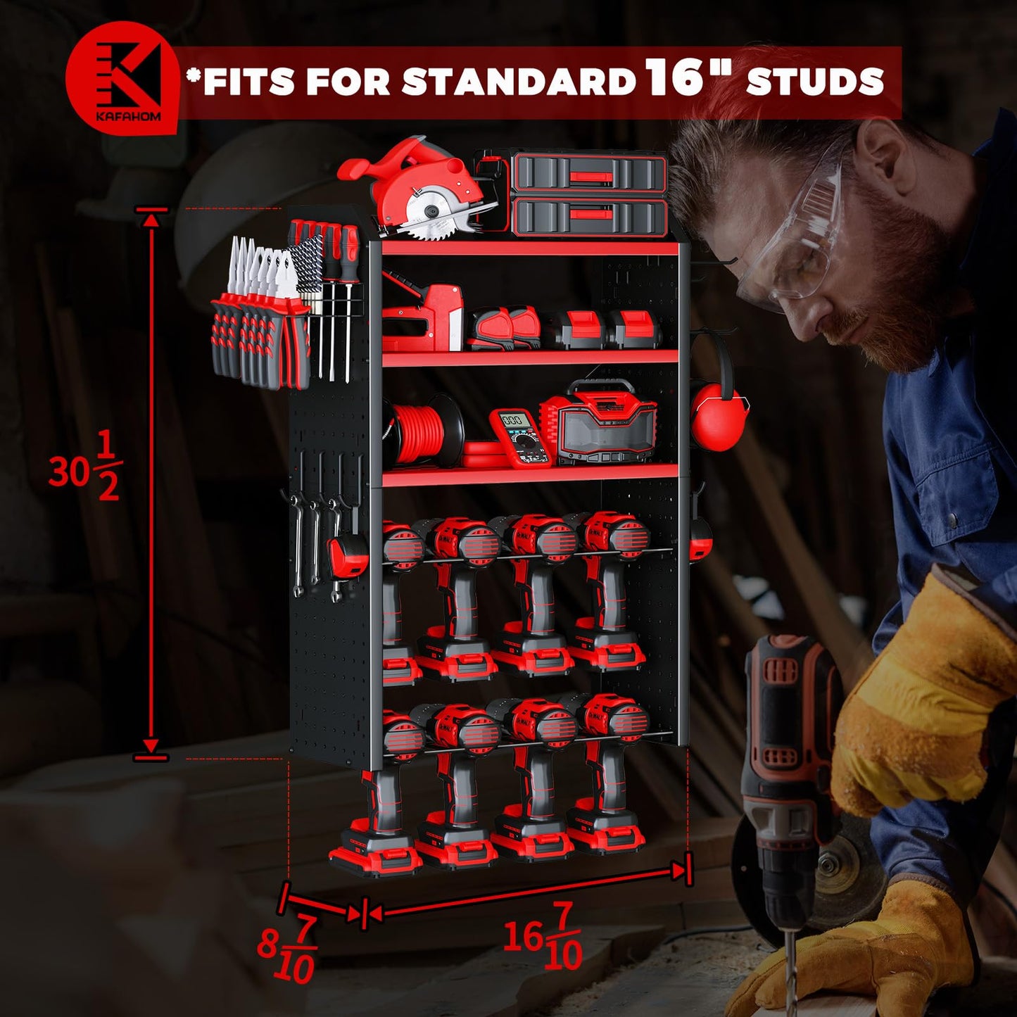 KAFAHOM Power Tool Organizer with Charging Station.Garage 8 Drill Holder Built in 8 Outlets Power Strip,Tool Storage Shelf Wall Mount,Tool Battery Organizer with Screwdriver/Hammer/Air Tool Rack