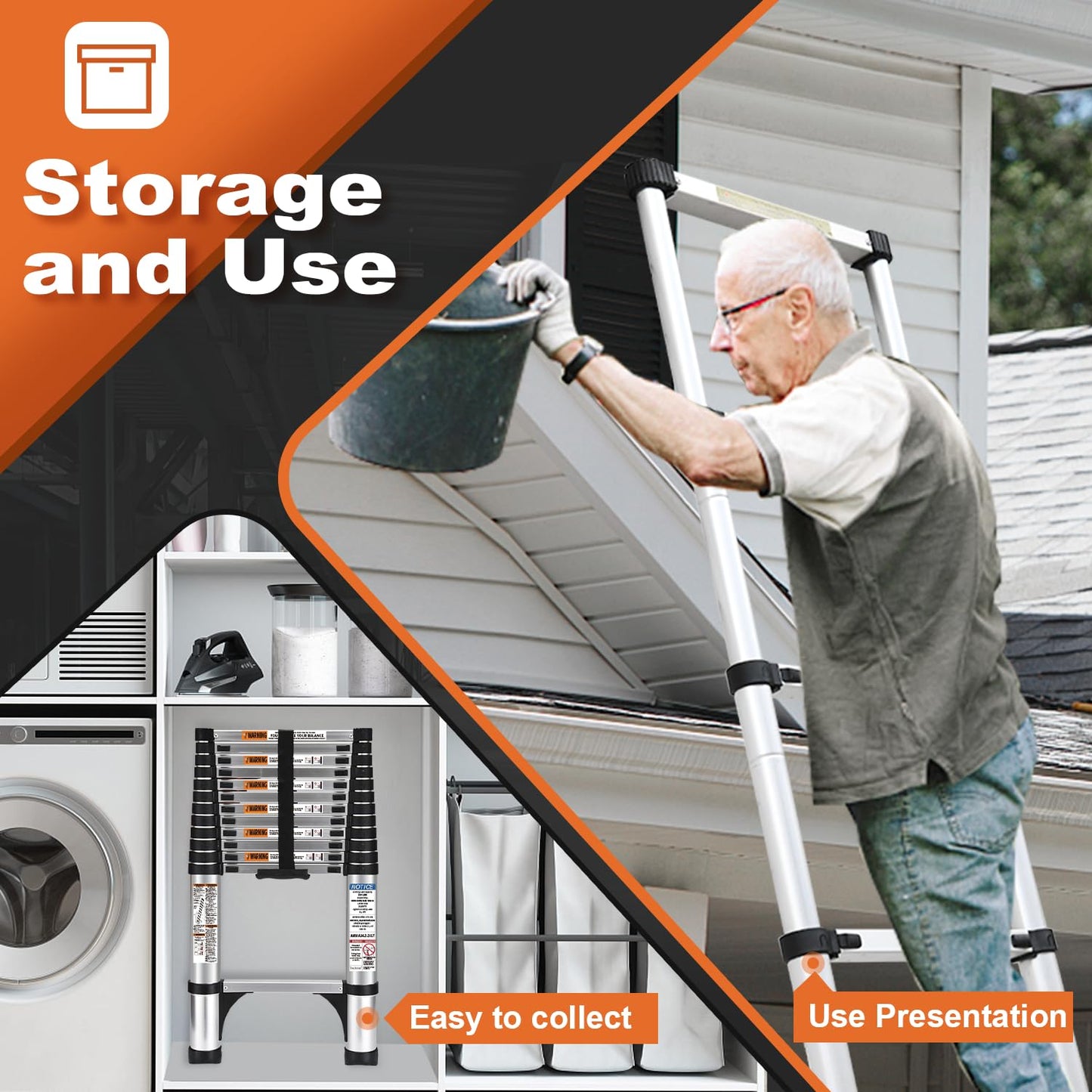 Telescoping Ladder, SocTone 12.5 FT Aluminum Lightweight Extension Ladder with 2 Triangle Stabilizers, Heavy Duty 330lbs Max Capacity, Multi-Purpose Collapsible Ladder for RV or Outdoor Work