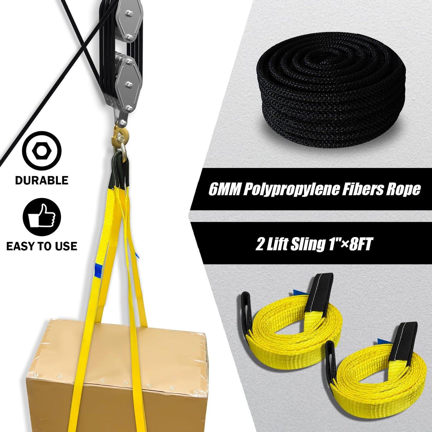 Rope Hoist Pulley System, 4400LB Pulley Block and Tackle, 8:1 Ratio Lifting Power 65ft, Heavy Duty Pulley Block for Lifting Pulling (with 2PCs Straps)