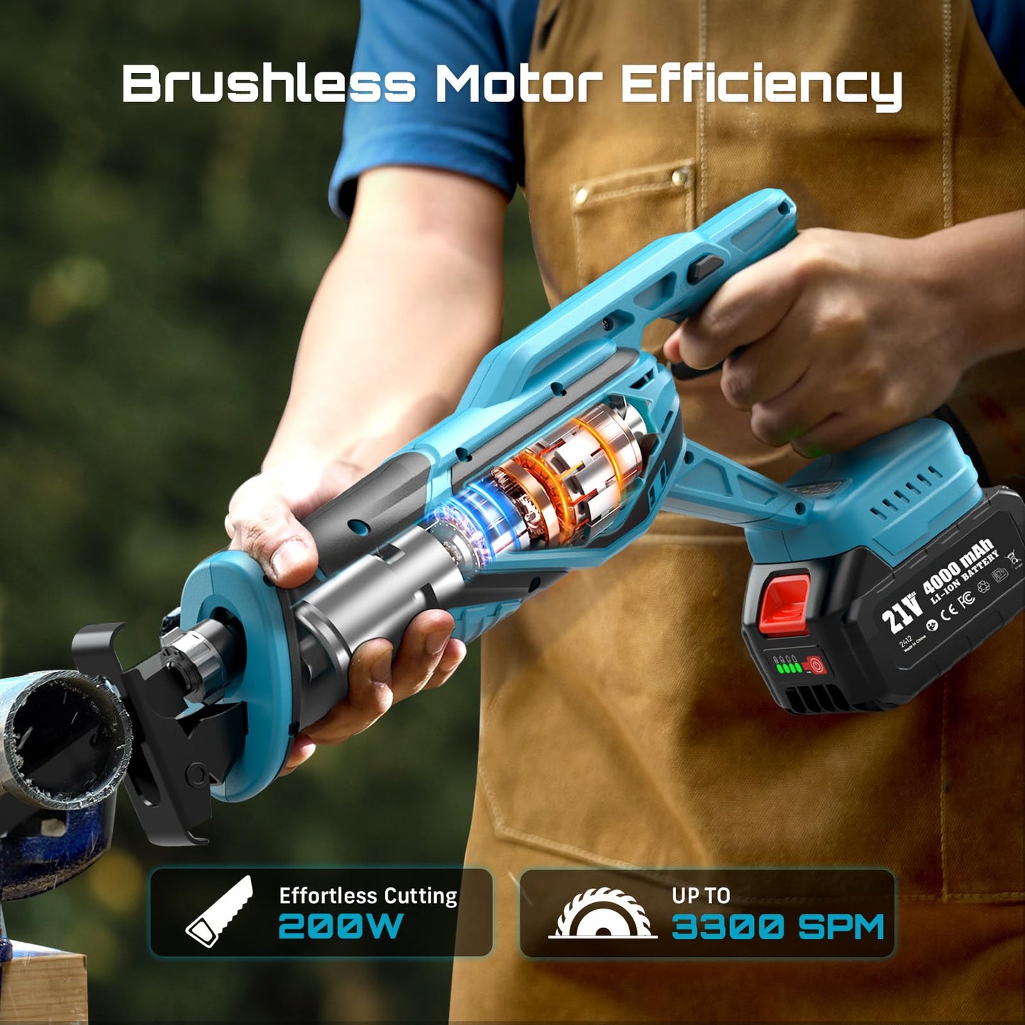 Seesii Reciprocating Saw Cordless, Variable Speed 3500 RPM Brushless Motor with 8 Saw Blades, 2 x 4.0Ah Batteries, LED Light, Tool‑Free Blade Change, Portable for Wood PVC Cutting