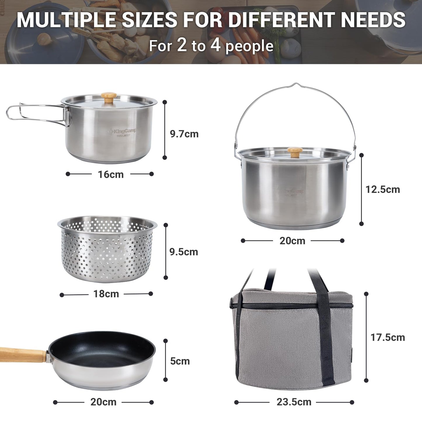 KingCamp Camping Cookware Set 304 Stainless Steel Campfire Cooking Pots Pan and Kettle with Travel Tote Bag for Camping Outdoor Kitchen Cooking Picnic for 4-6
