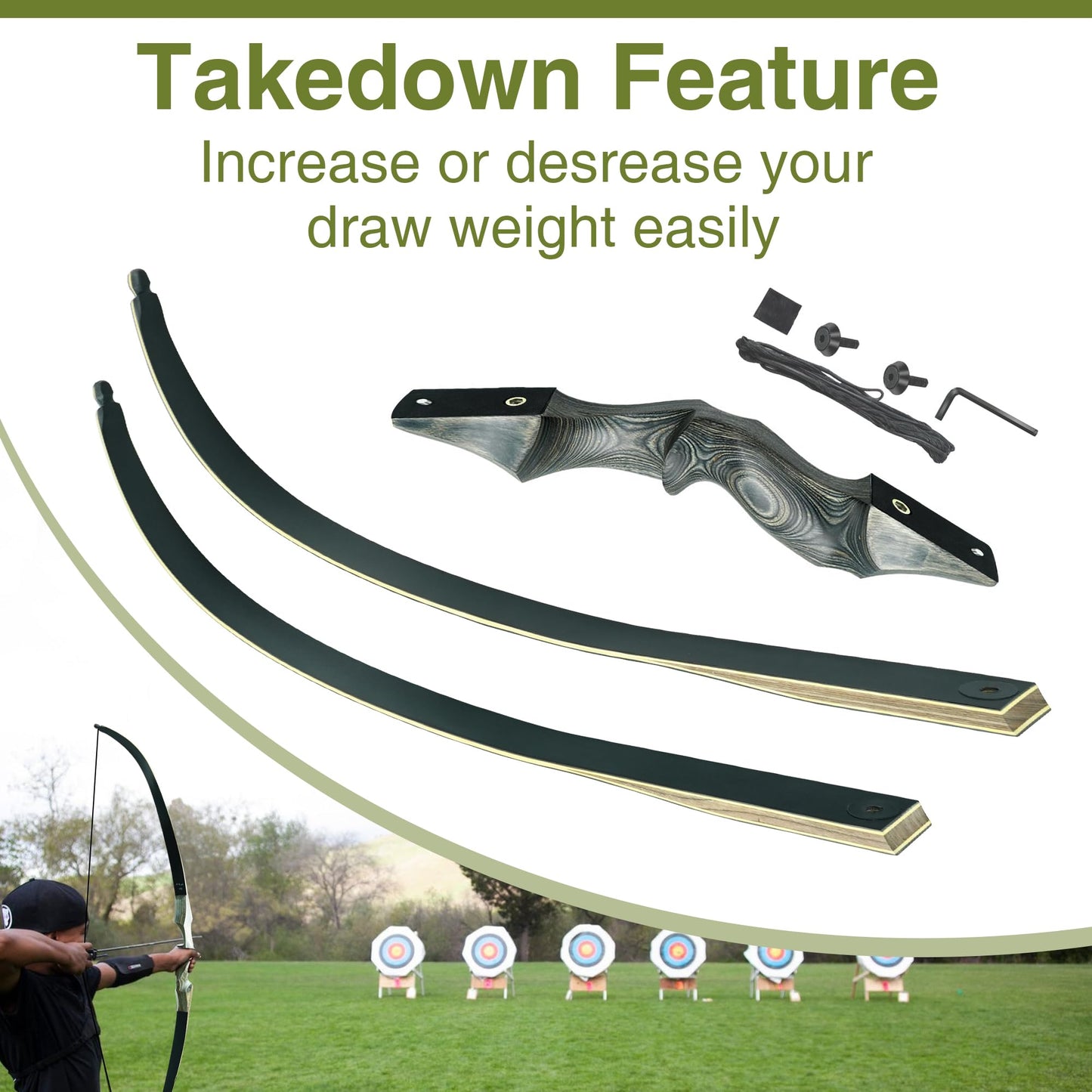 Black Hunter Takedown Recurve Bow, 60" Right Handed & Left Handed Archery Recurve Bows with Ergonomic Design for Adults Beginners to Advanced Outdoor Practice & Hunting (25-60 lbs)