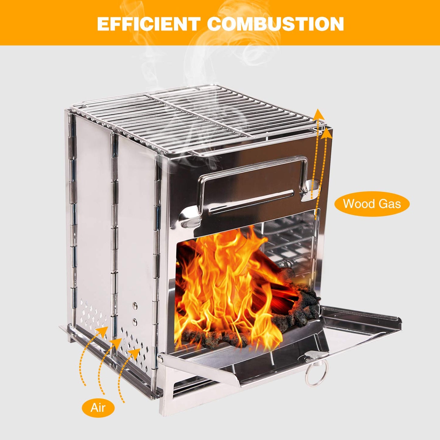 Portable Folding Camping Wood Stove for Outdoor Cooking, Lightweight Stainless Steel Wood Burning Camp Stove with Grill for Backpacking BBQ Picnic, Small